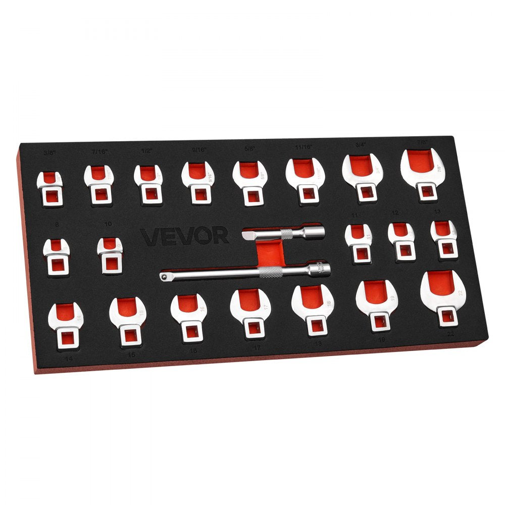 VEVOR Crowfoot Wrench Set, 3/8" Drive, 22-Piece Metric and SAE Size Crows Foot Wrenches, Cr-Mo Alloy Steel, with Storage Tray, Dual Size Markings on Tools and Tray, for Auto Maintenance or Repairs