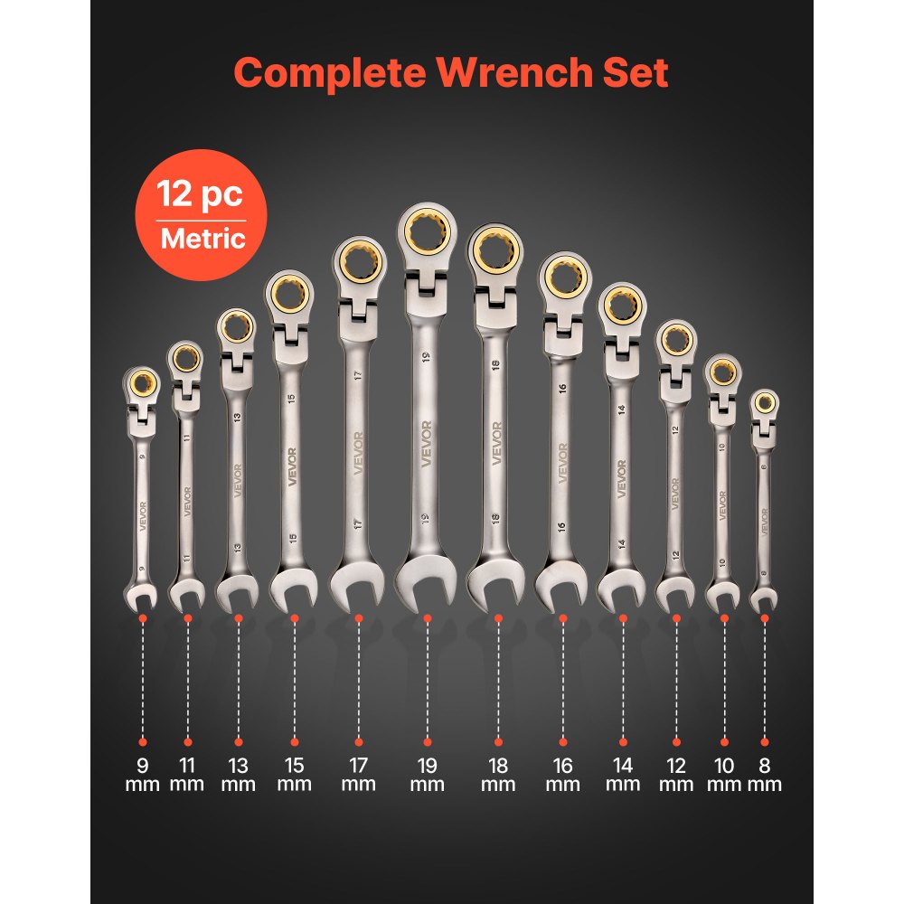 VEVOR Flex-Head Ratcheting Wrench Set, 12-Piece Metric 8 mm to 19 mm, 72 Teeth, Cr-V Steel Ratchet Flexible Combination Wrench Set with Roll Up Pouch, for General Household and Automotive Repairs
