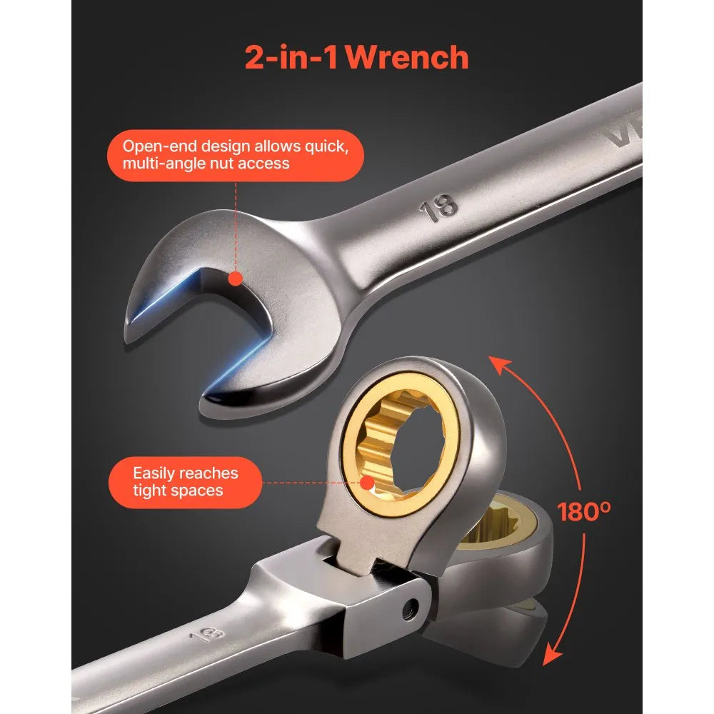 VEVOR Flex-Head Ratcheting Wrench Set, 12-Piece Metric 8 mm to 19 mm, 72 Teeth, Cr-V Steel Ratchet Flexible Combination Wrench Set with Roll Up Pouch, for General Household and Automotive Repairs