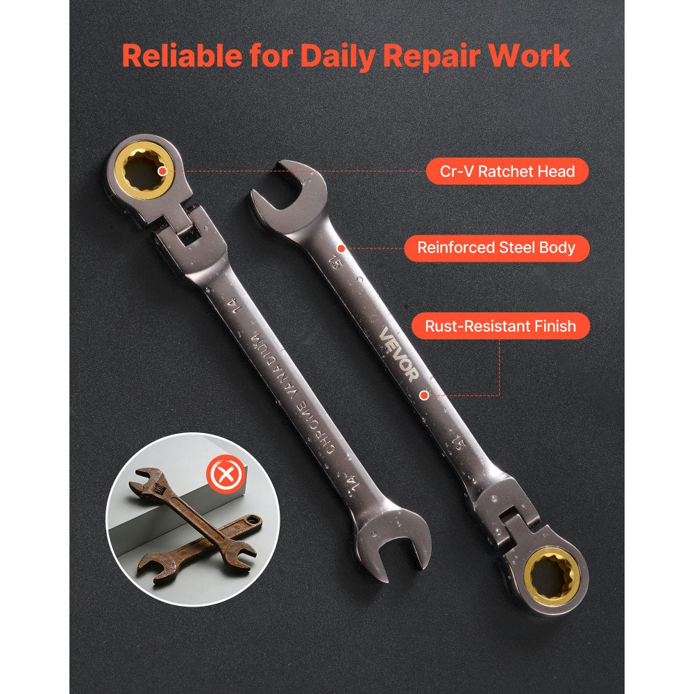VEVOR Flex-Head Ratcheting Wrench Set, 12-Piece Metric 8 mm to 19 mm, 72 Teeth, Cr-V Steel Ratchet Flexible Combination Wrench Set with Roll Up Pouch, for General Household and Automotive Repairs