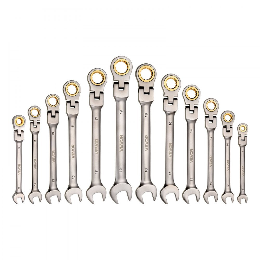 VEVOR Flex-Head Ratcheting Wrench Set, 12-Piece Metric 8 mm to 19 mm, 72 Teeth, Cr-V Steel Ratchet Flexible Combination Wrench Set with Roll Up Pouch, for General Household and Automotive Repairs