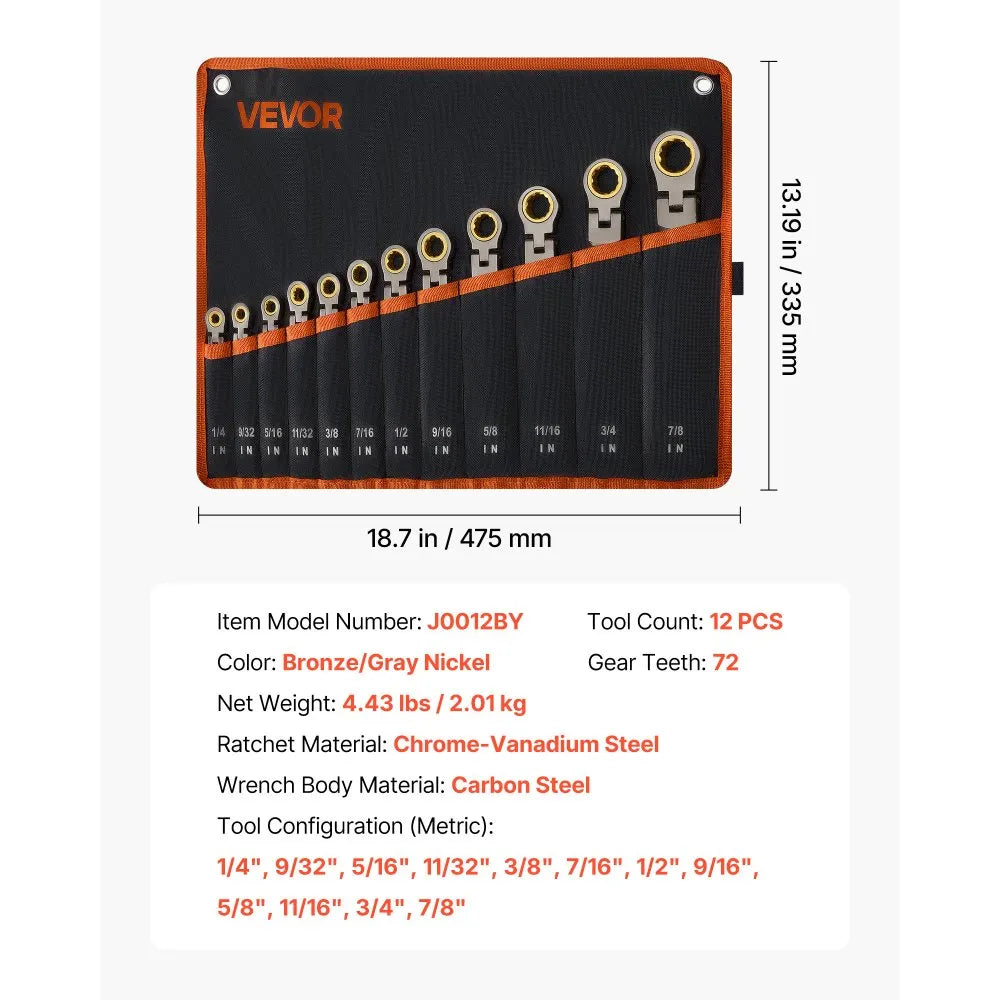VEVOR Flex-Head Ratcheting Wrench Set, 12-Piece SAE Sizes, 72 Teeth, Cr-V Steel Ratchet Flexible Combination Wrench Set with Roll Up Pouch, for General Household and Automotive Repairs, Gray Nickel