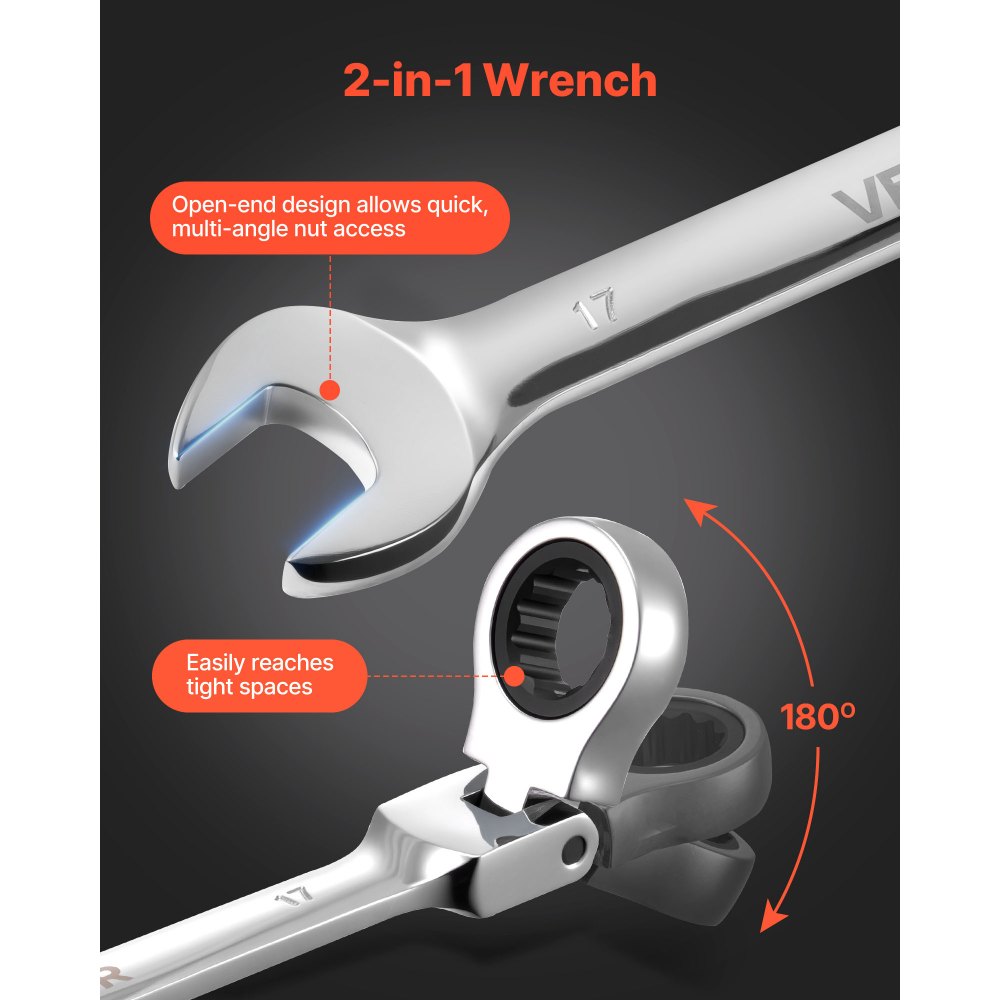 VEVOR Flex-Head Ratcheting Wrench Set, 24-Piece SAE and Metric, 72 Teeth, Cr-V Steel Ratchet Flexible Combination Wrench Set with Storage Case, for General Household and Automotive Repairs, Silver