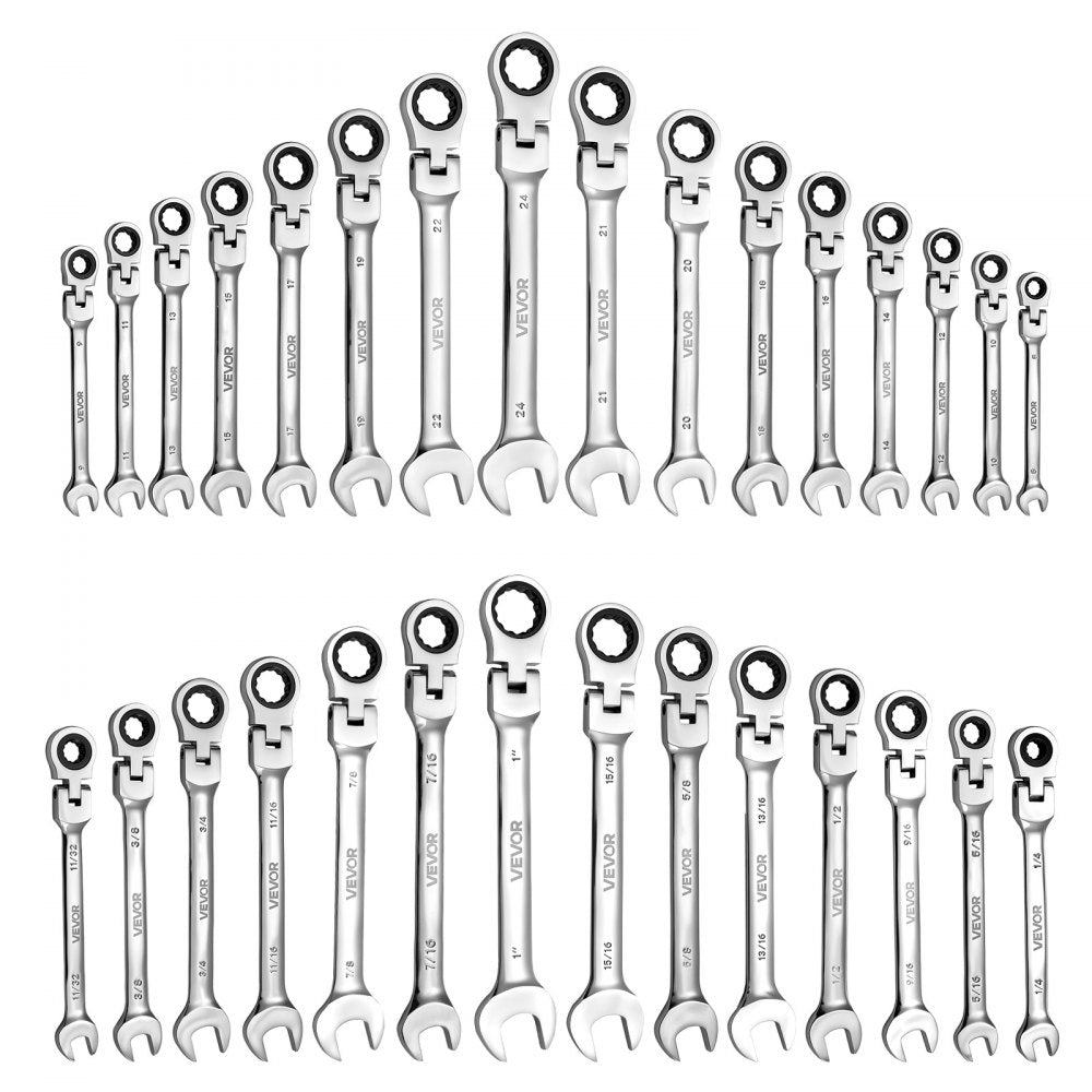 VEVOR Flex-Head Ratcheting Wrench Set, 30-Piece SAE and Metric, 72 Teeth, Cr-V Steel Ratchet Flexible Combination Wrench Set with Roll Up Pouch, for General Household and Automotive Repairs, Silver