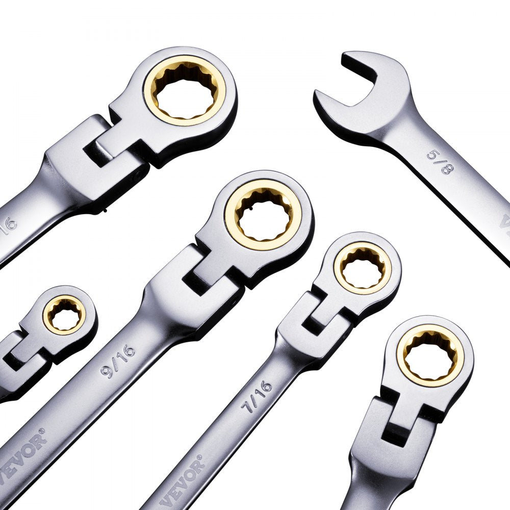 VEVOR Flex-Head Ratcheting Wrench Set, 8-piece Combination Wrench Set with Roll-up Pouch, Cr-V Steel Flexible Ratcheting Wrench Set SAE 5/16" to 3/4", Ideal for General Household, Workshop, Garage