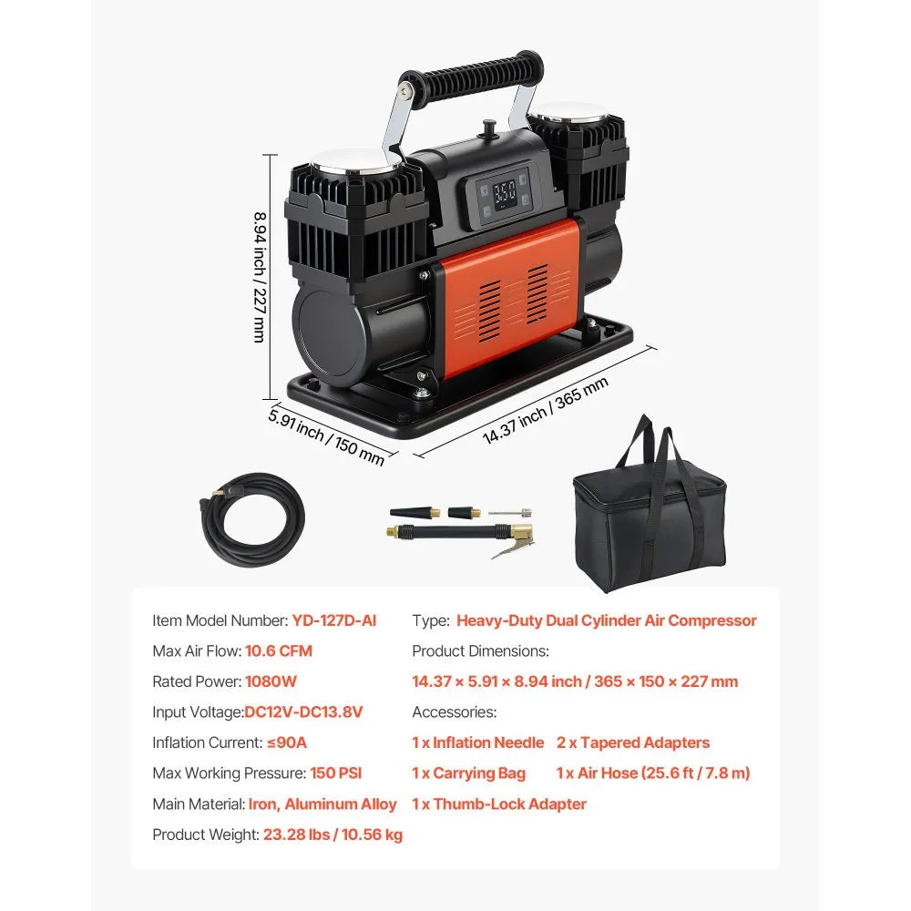 VEVOR Dual-Cylinder Heavy Duty Air Compressor, 10.6CFM Auto-Stop Portable Tire Inflator, 12V 150PSI Offroad Air Pump with LCD Digital Display & Adapters for Truck Car SUV 4 x 4 Vehicle RV