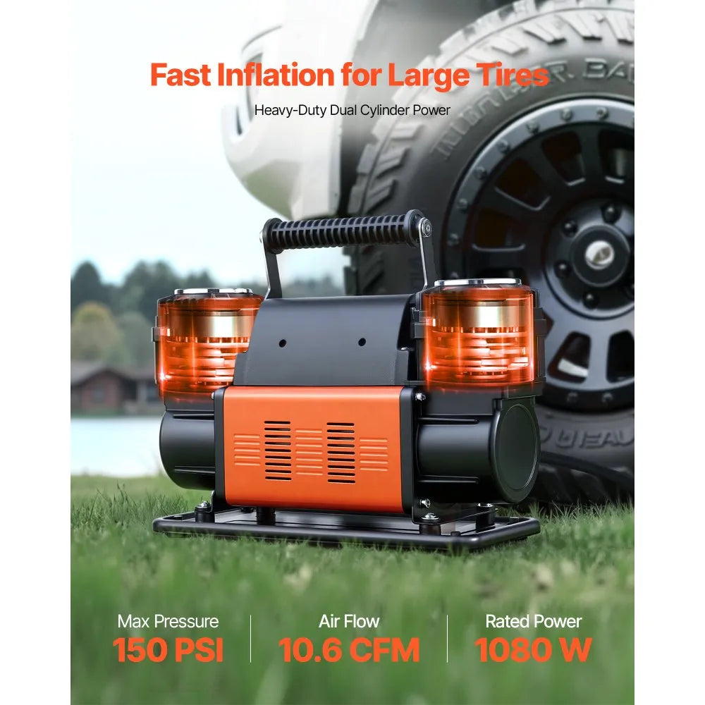 VEVOR Dual-Cylinder Heavy Duty Air Compressor, 10.6CFM Portable Tire Inflator, 12V 150PSI Offroad Air Pump with Digital Pressure Gauge & Adapters for Truck Car SUV 4 x 4 Vehicle RV