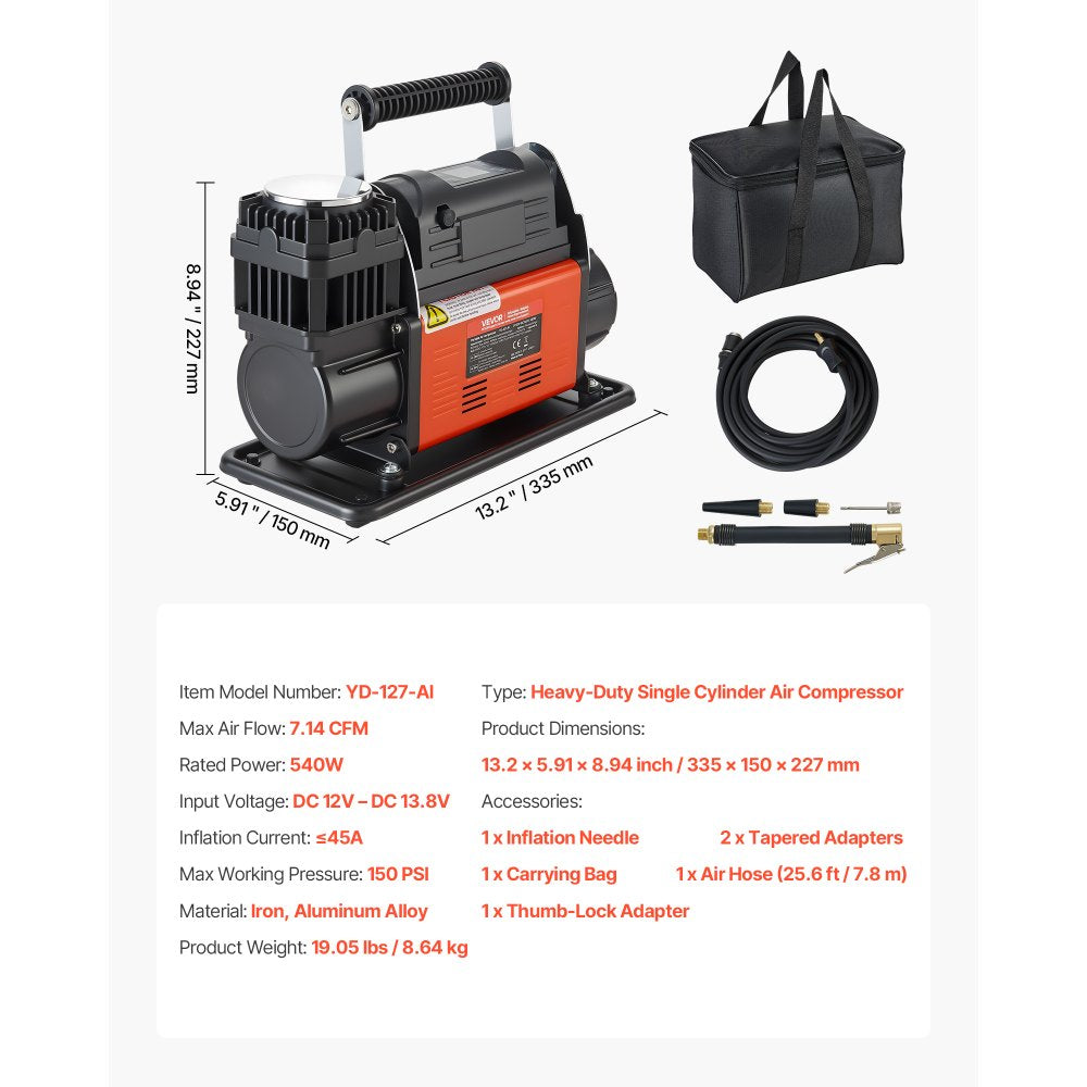 VEVOR 12V Heavy Duty Air Compressor, Auto-Stop Portable Tire Inflator with LCD Digital Display, 7.14 CFM 150PSI Offroad Air Pump with Adapters for Trucks Car SUV 4 x 4 Vehicle RV