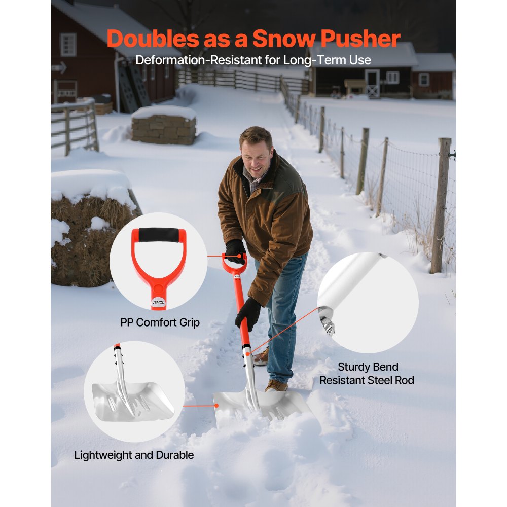 VEVOR Snow Shovel for Driveway, 14 in Wide Aluminum Alloy Snow Shovel with D-shaped Handles, Large Capacity Snowplow Shovels, Lightweight Snows Removal Tool for Garden Car Camping