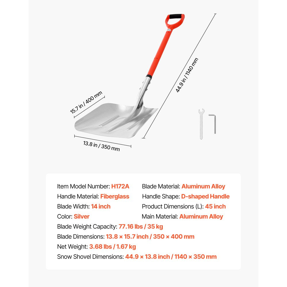VEVOR Snow Shovel for Driveway, 14 in Wide Aluminum Alloy Snow Shovel with D-shaped Handles, Large Capacity Snowplow Shovels, Lightweight Snows Removal Tool for Garden Car Camping