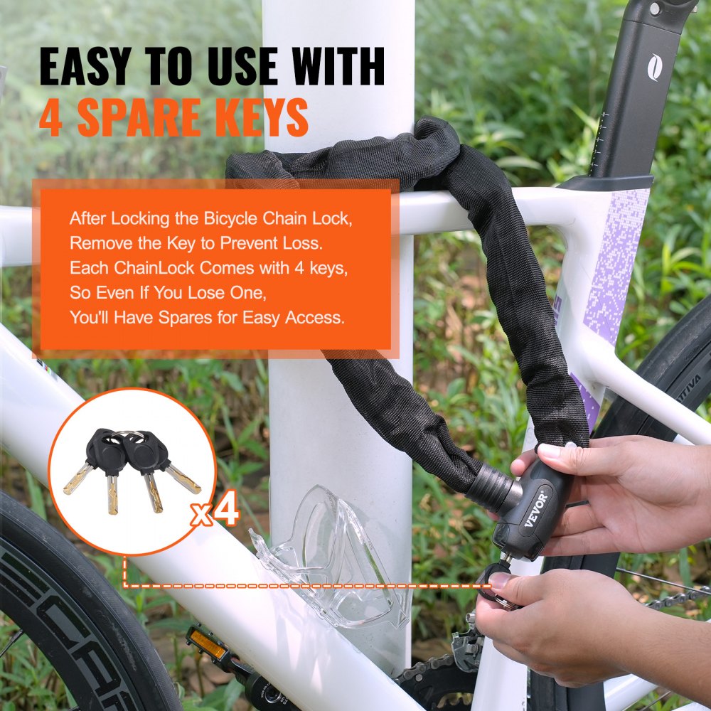 VEVOR Bike Chain Lock, 5.91 Ft Combination Bicycle Chain Lock with 4 Keys, Heavy Duty Anti-Theft High Security Bike Locks, Perfect for Bike, Motorcycle, Scooter, Bicycle, Door, Fence or Gate, 10mm
