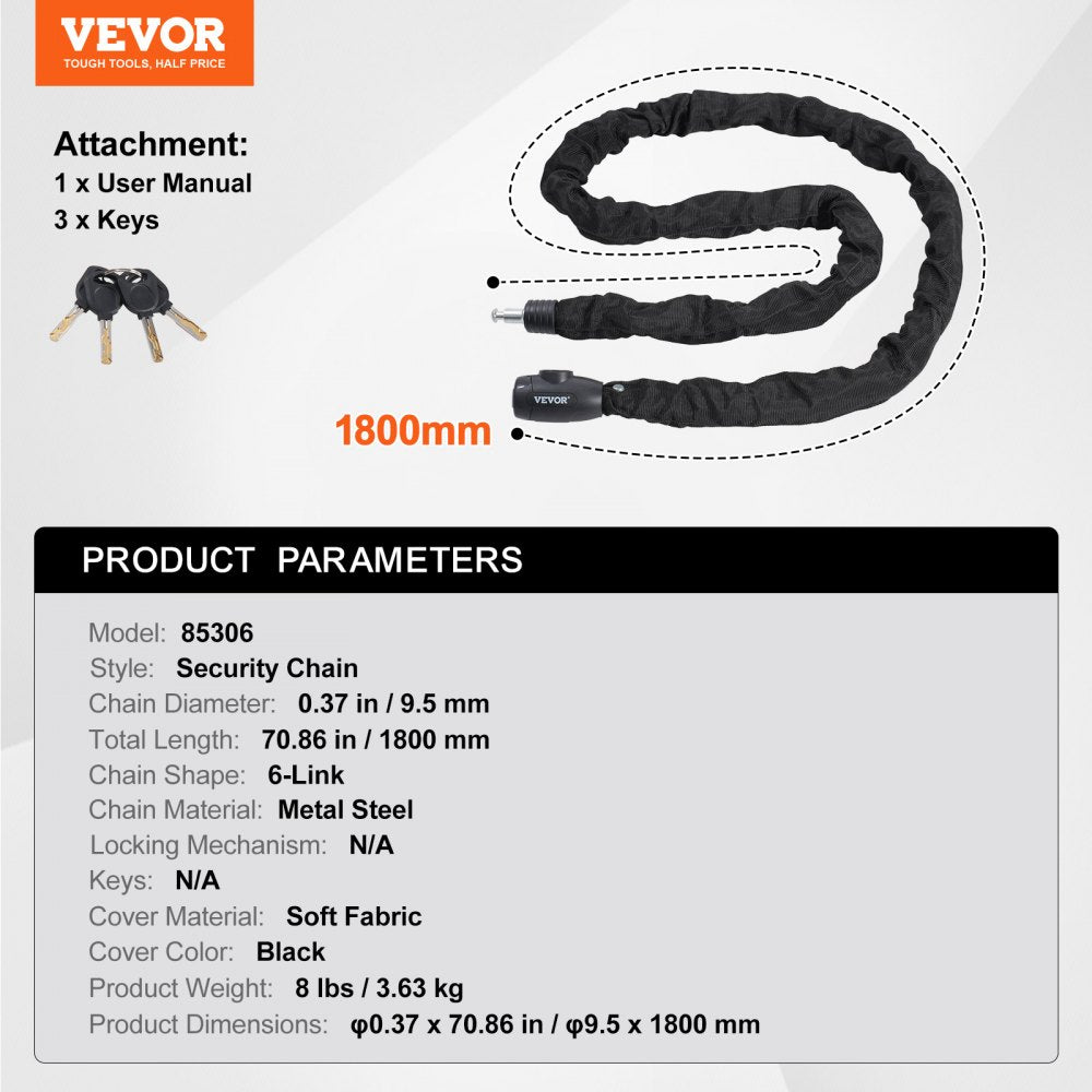 VEVOR Bike Chain Lock, 5.91 Ft Combination Bicycle Chain Lock with 4 Keys, Heavy Duty Anti-Theft High Security Bike Locks, Perfect for Bike, Motorcycle, Scooter, Bicycle, Door, Fence or Gate, 10mm