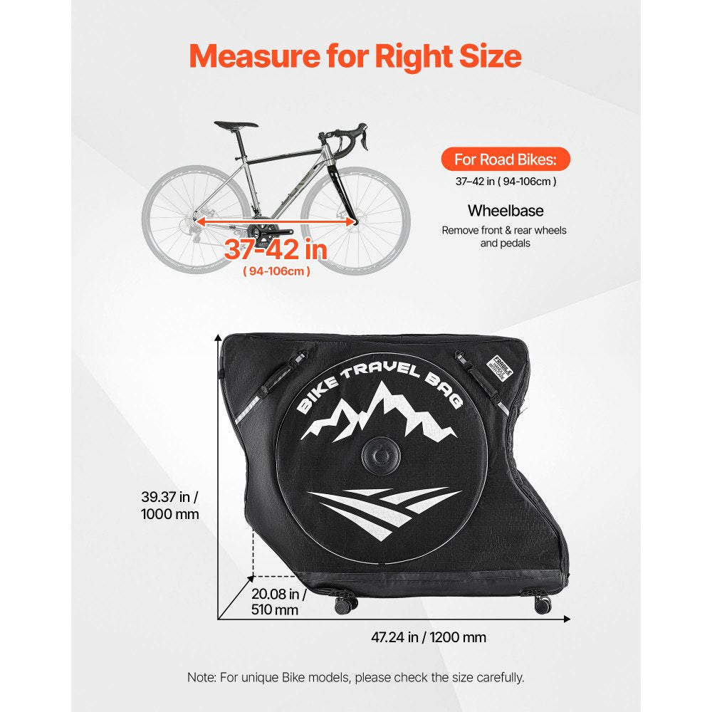 VEVOR Bike Travel Bag, Road Bike Bag Road Bicycle Storage Carry with TSA Lock & Dual Zipper, Black Bicycle Case Wheelbase 37-42 in for Air Travel, Outdoor Use, Airplane, Car, Train, Subway Transport