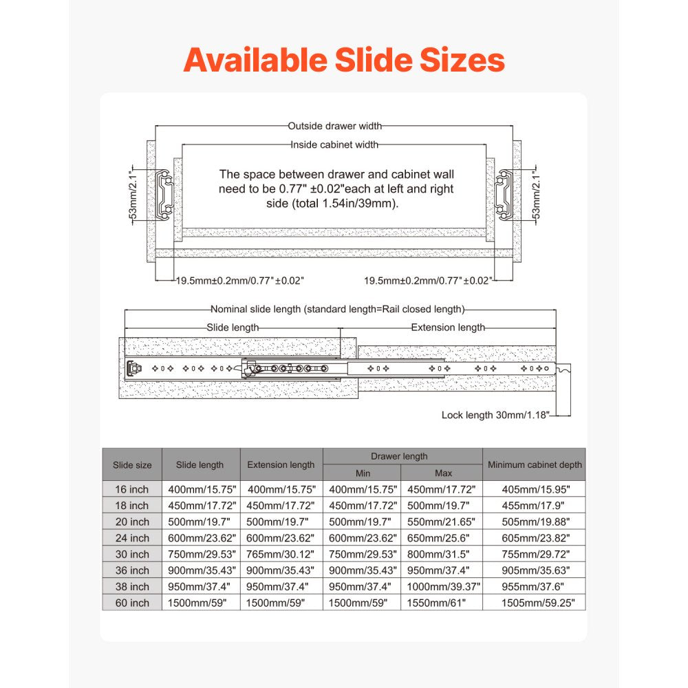 VEVOR Heavy Duty Drawer Slides 16inch, 1 Pair Locking Drawer Slides 250lbs Load Capacity, Side Mount Ball Bearing, 3-Fold Full Extension
