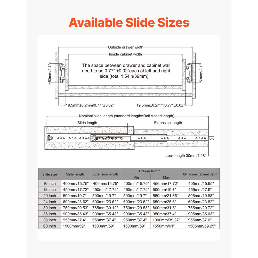 VEVOR Heavy Duty Drawer Slides 24inch, 1 Pair Locking Drawer Slides 250lbs Load Capacity, Side Mount Ball Bearing, 3-Fold Full Extension