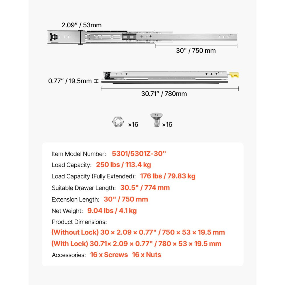 VEVOR Heavy Duty Drawer Slides 30inch, 1 Pair Locking Drawer Slides 250lbs Load Capacity, Side Mount Ball Bearing, 3-Fold Full Extension