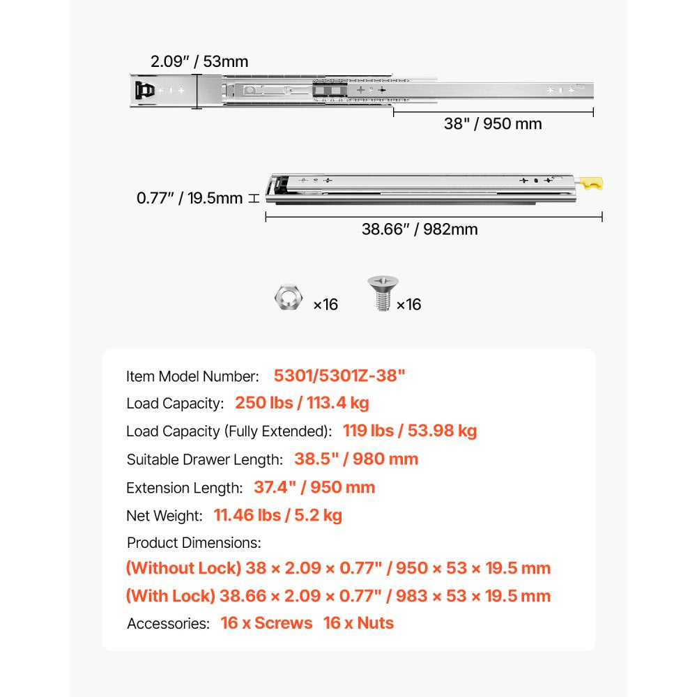 KFFKFF Set of 2 Drawer Rails, Full Extension, Available in Various Sizes from 16 to 60 inches, 250 lbs Weight Limit, Locking Mechanism, Ball Bearing Side Mount Drawer Slide Rail