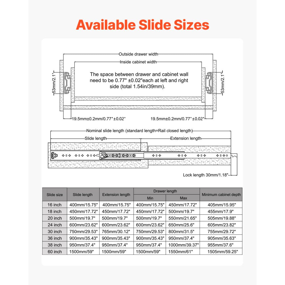 VEVOR Heavy Duty Drawer Slides 60inch, 1 Pair Locking Drawer Slides 250lbs Load Capacity, Side Mount Ball Bearing, 3-Fold Full Extension