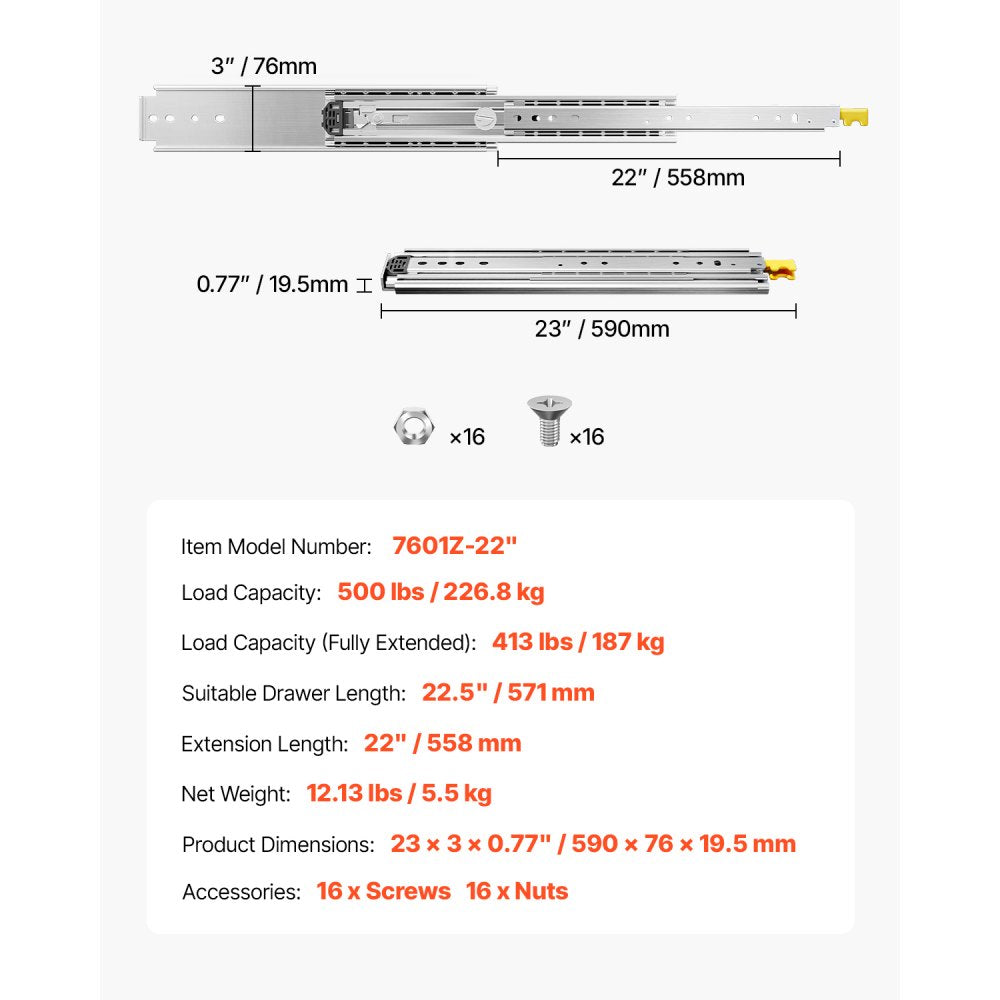 VEVOR 1 Pair Full Extension Drawer Slides 18 20 22 28 30 32 36 38 40 44 48 52 56 60 in, 500 lbs Load Capacity Locking Drawer Slides, Ball Bearing with Lock Side Mount Drawer Slide Rail