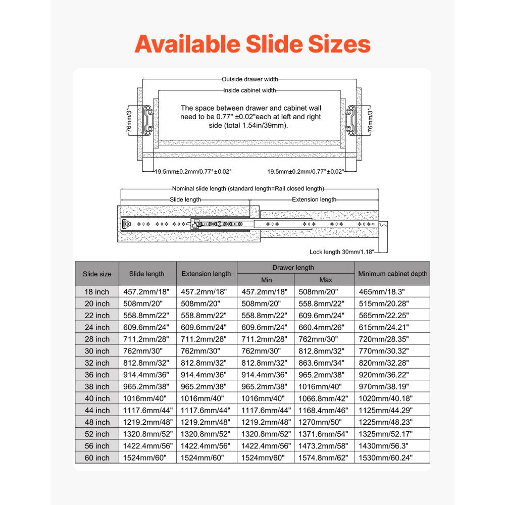 VEVOR 1 Pair Full Extension Drawer Slides 18 20 22 28 30 32 36 38 40 44 48 52 56 60 in, 500 lbs Load Capacity Locking Drawer Slides, Ball Bearing with Lock Side Mount Drawer Slide Rail