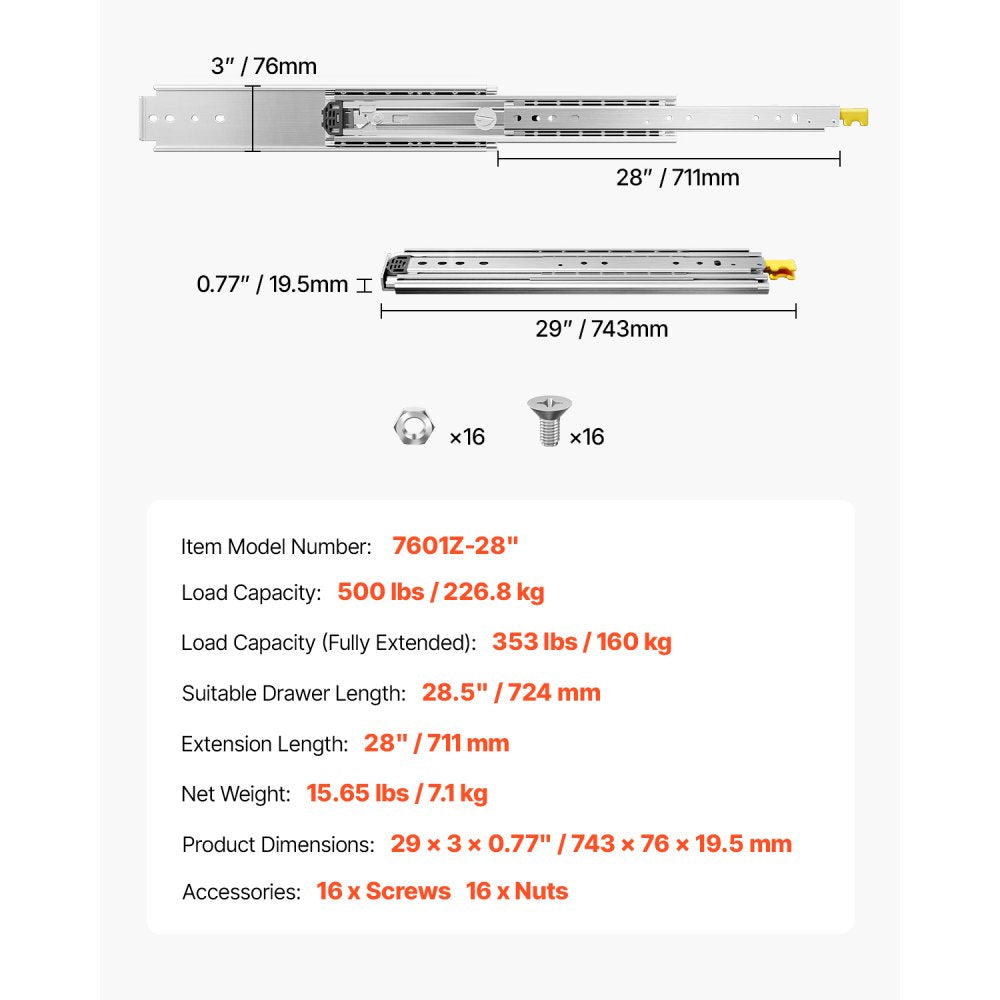 VEVOR 1 Pair Full Extension Drawer Slides 18 20 22 28 30 32 36 38 40 44 48 52 56 60 in, 500 lbs Load Capacity Locking Drawer Slides, Ball Bearing with Lock Side Mount Drawer Slide Rail