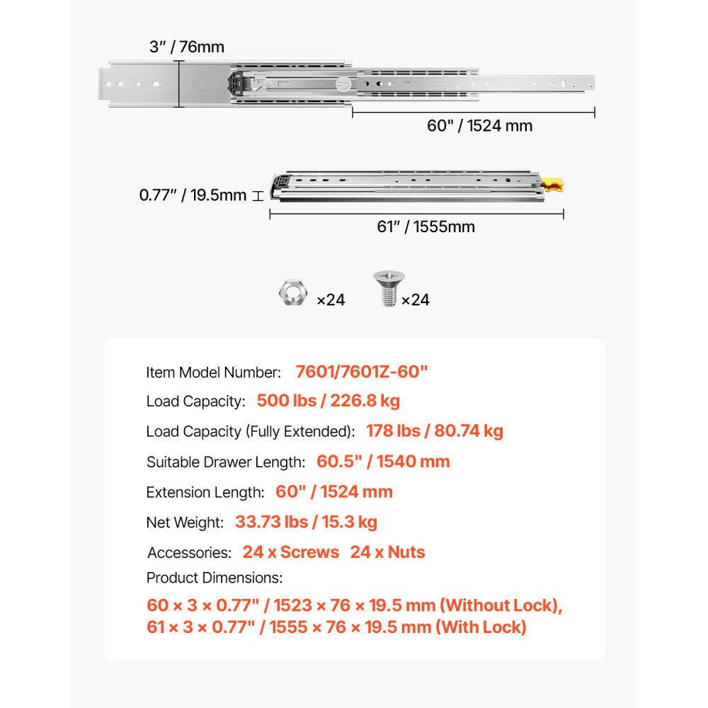 KFFKFF Set of Two Drawer Rails, Sizes Varying from 16 to 60 inches, 500 lbs Weight Tolerance, Lockable Ball Bearing Side Mounted Drawer Slide Rail