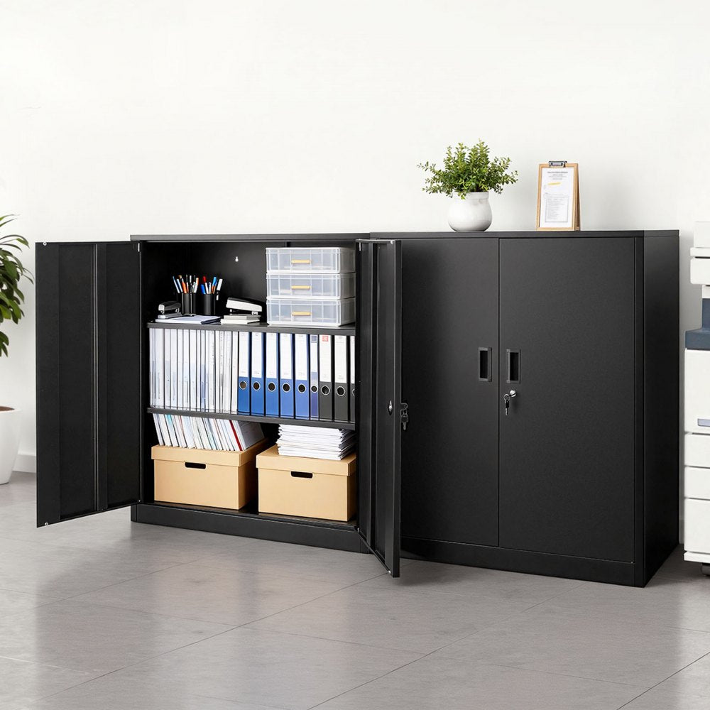 VEVOR Metal Storage Cabinet 41.7 in Lockable Steel Garage Cabinet Black, for Pantry, Warehouse, Basement, Laundry, Office, 3 Tiers Tool Storage with 2 Adjustable Shelves, 2 Magnetic Doors & 2 Keys