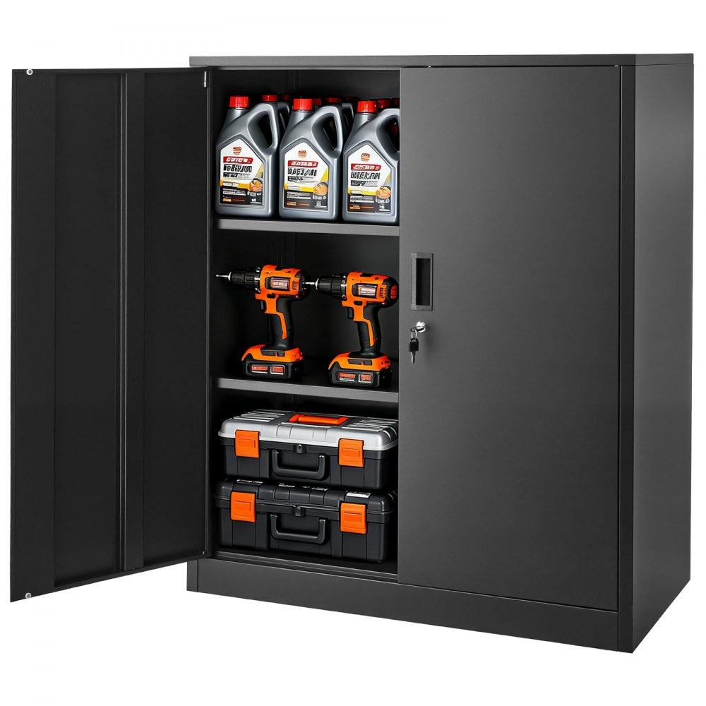 VEVOR Metal Storage Cabinet 41.7 in Lockable Steel Garage Cabinet Black, for Pantry, Warehouse, Basement, Laundry, Office, 3 Tiers Tool Storage with 2 Adjustable Shelves, 2 Magnetic Doors & 2 Keys
