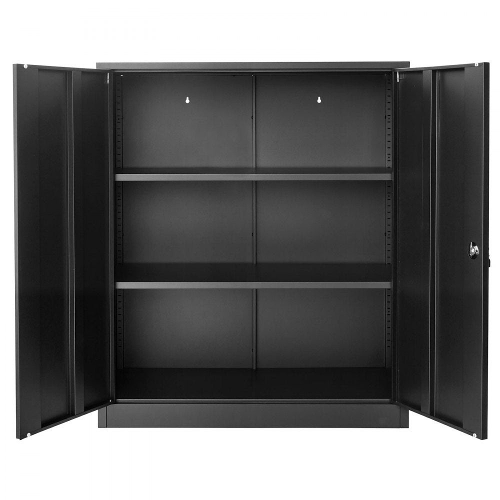VEVOR Metal Storage Cabinet 41.7 in Lockable Steel Garage Cabinet Black, for Pantry, Warehouse, Basement, Laundry, Office, 3 Tiers Tool Storage with 2 Adjustable Shelves, 2 Magnetic Doors & 2 Keys