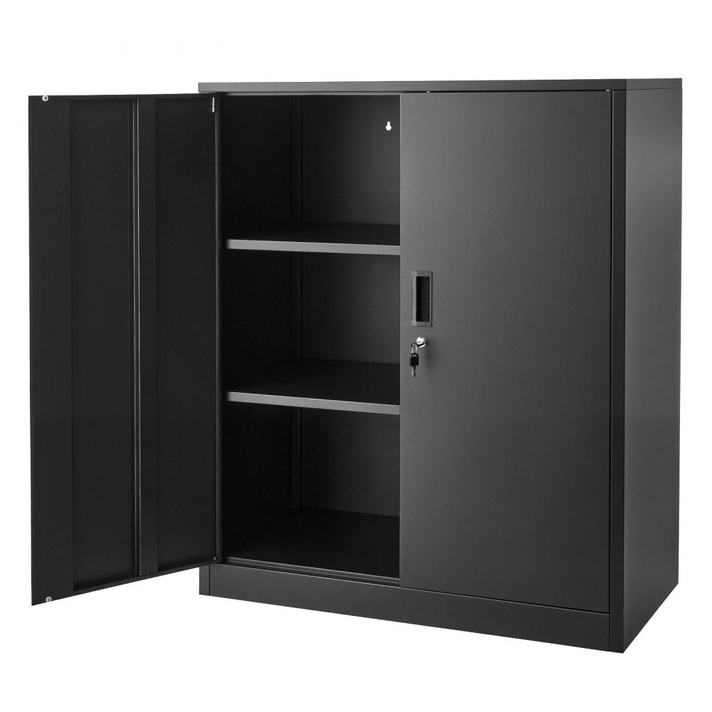 VEVOR Metal Storage Cabinet 41.7 in Lockable Steel Garage Cabinet Black, for Pantry, Warehouse, Basement, Laundry, Office, 3 Tiers Tool Storage with 2 Adjustable Shelves, 2 Magnetic Doors & 2 Keys