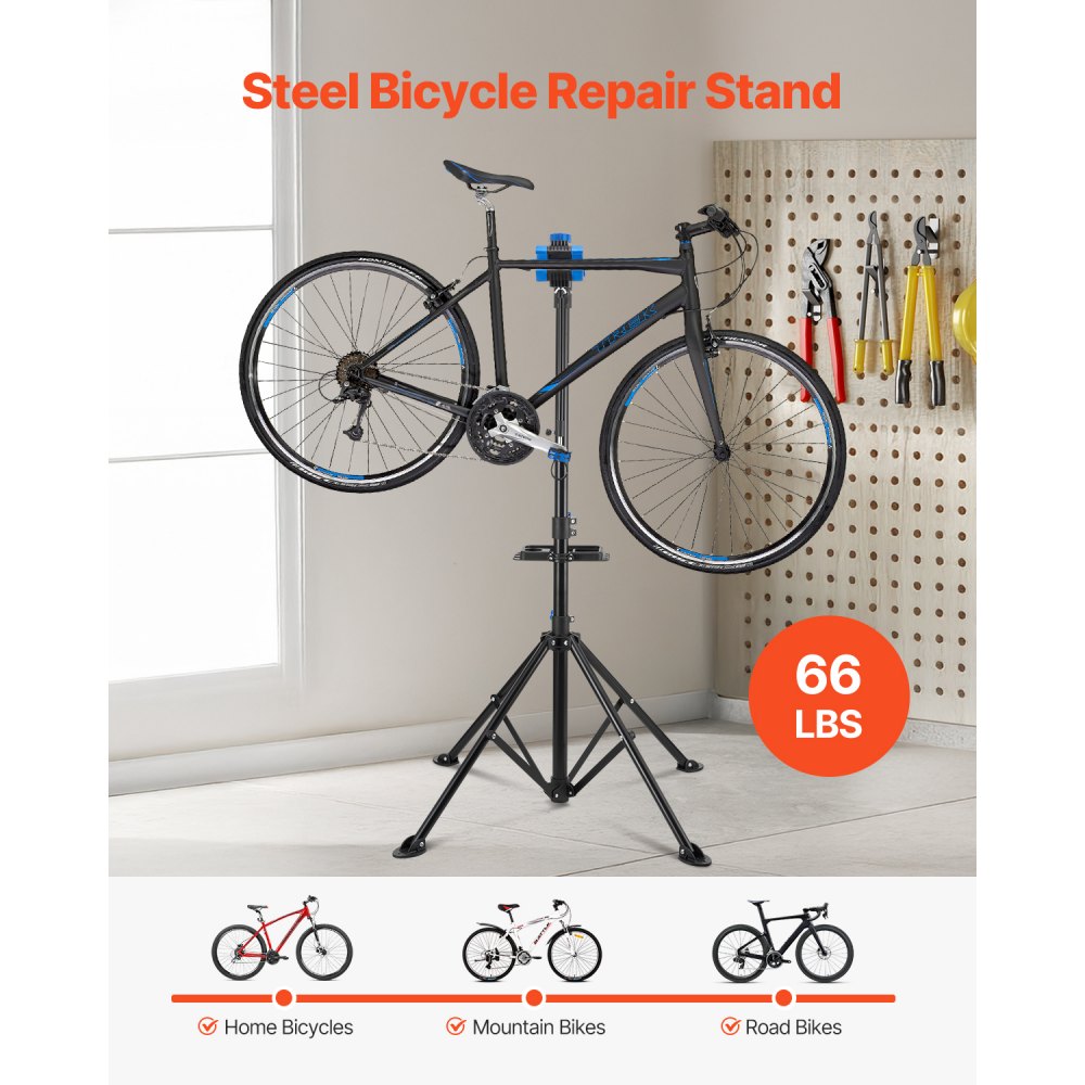 VEVOR Bike Repair Stand, 66 lb Heavy-duty Bicycle Work Stand with 32.8-56.6 in Adjustable Height & Magnetic Tool Tray, Foldable Bicycle Maintenance Rack, Shop Home Mechanics for Mountain & Road Bike