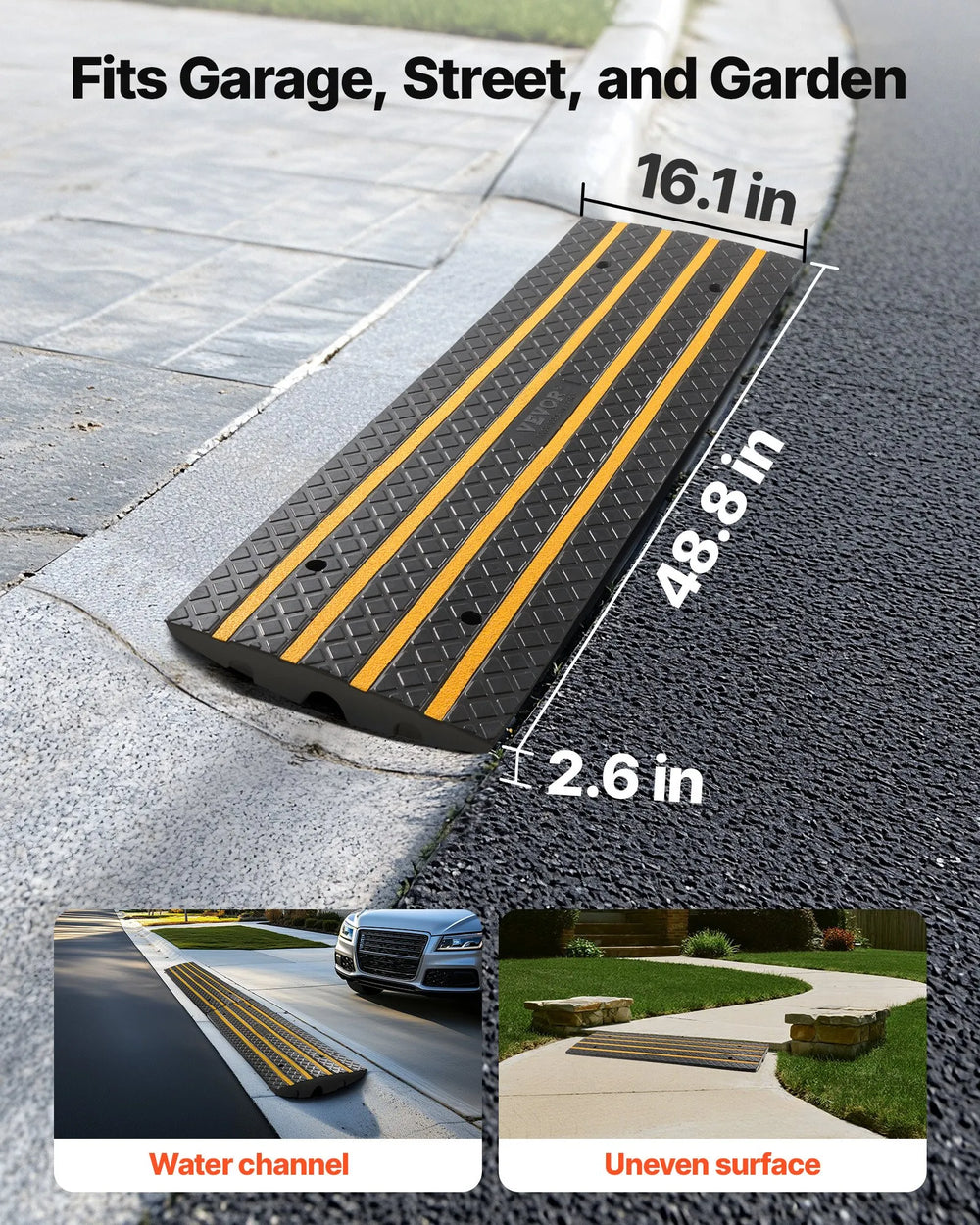 VEVOR Car Driveway Rubber Curb Ramp, 33069 lbs Load Capacity, 2.6 inch Rise Curbside Bridge Ramp with Yellow Reflective Strips, Suitable for Loading Dock, Warehouse, Garage, Sidewalk (3 Pack)