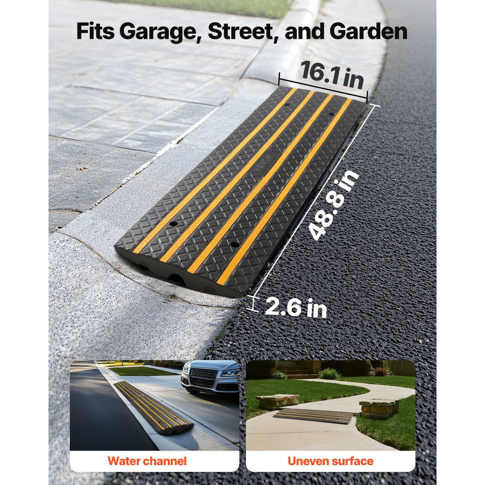 VEVOR Car Driveway Rubber Curb Ramp, 33069 lbs Load Capacity, 2.6 inch Rise Curbside Bridge Ramp with Yellow Reflective Strips, Suitable for Loading Dock, Warehouse, Garage, Sidewalk (1 Pack)