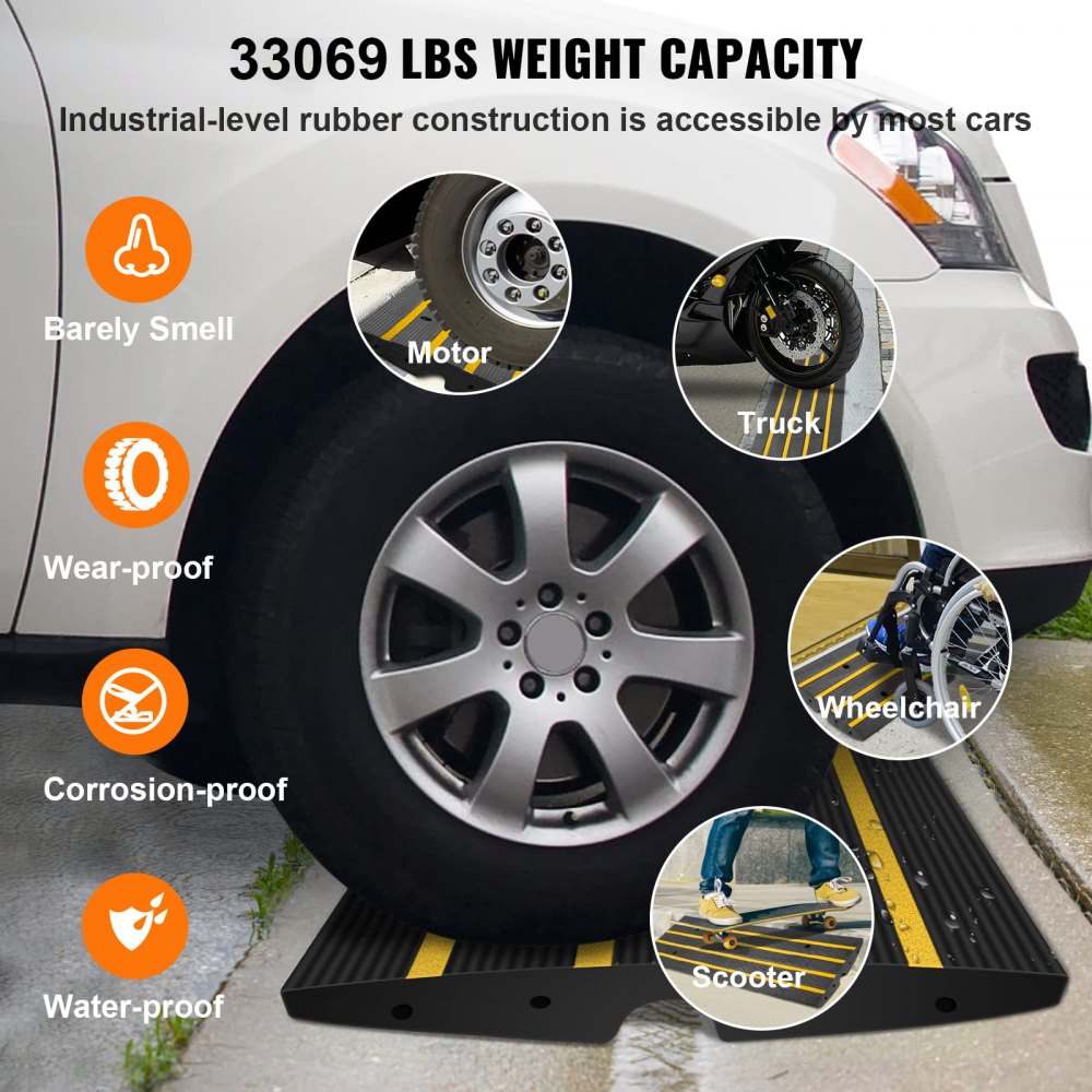 VEVOR Curb Ramp, 2.6" Rise Rubber Driveway Ramps, Heavy Duty 33069 lbs Weight Capacity Threshold Ramp, Curbside Bridge Ramps for Loading Dock Garage Sidewalk, Expandable Full Ramp Set