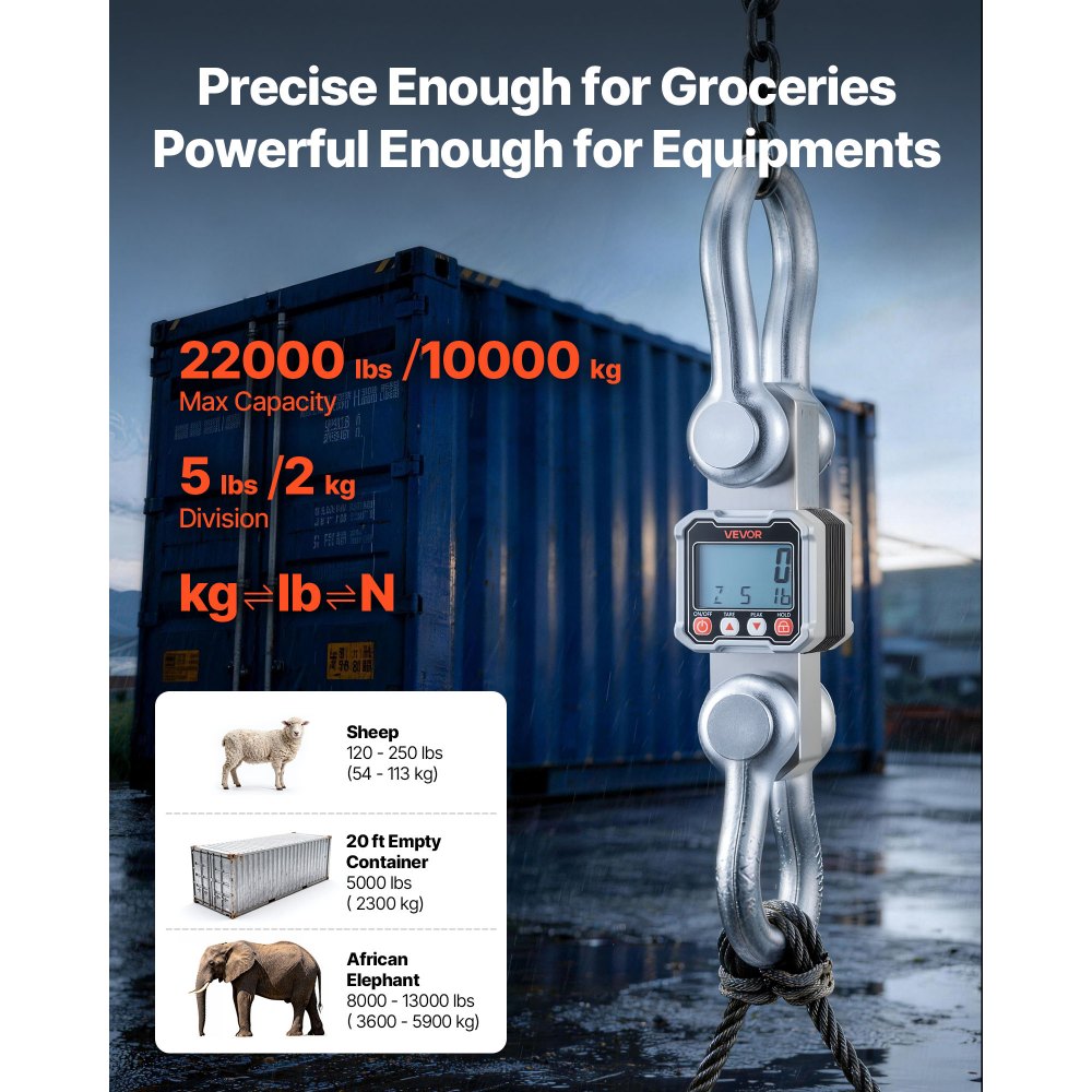 VEVOR Digital Crane Scale, 22000 lbs/10 T Max Capacity, Heavy Duty Industrial Hanging Scale with Cast Aluminum Case & LCD Display, 5 lbs Division & 3 Unit Switch, Remote Control for Garage Factory