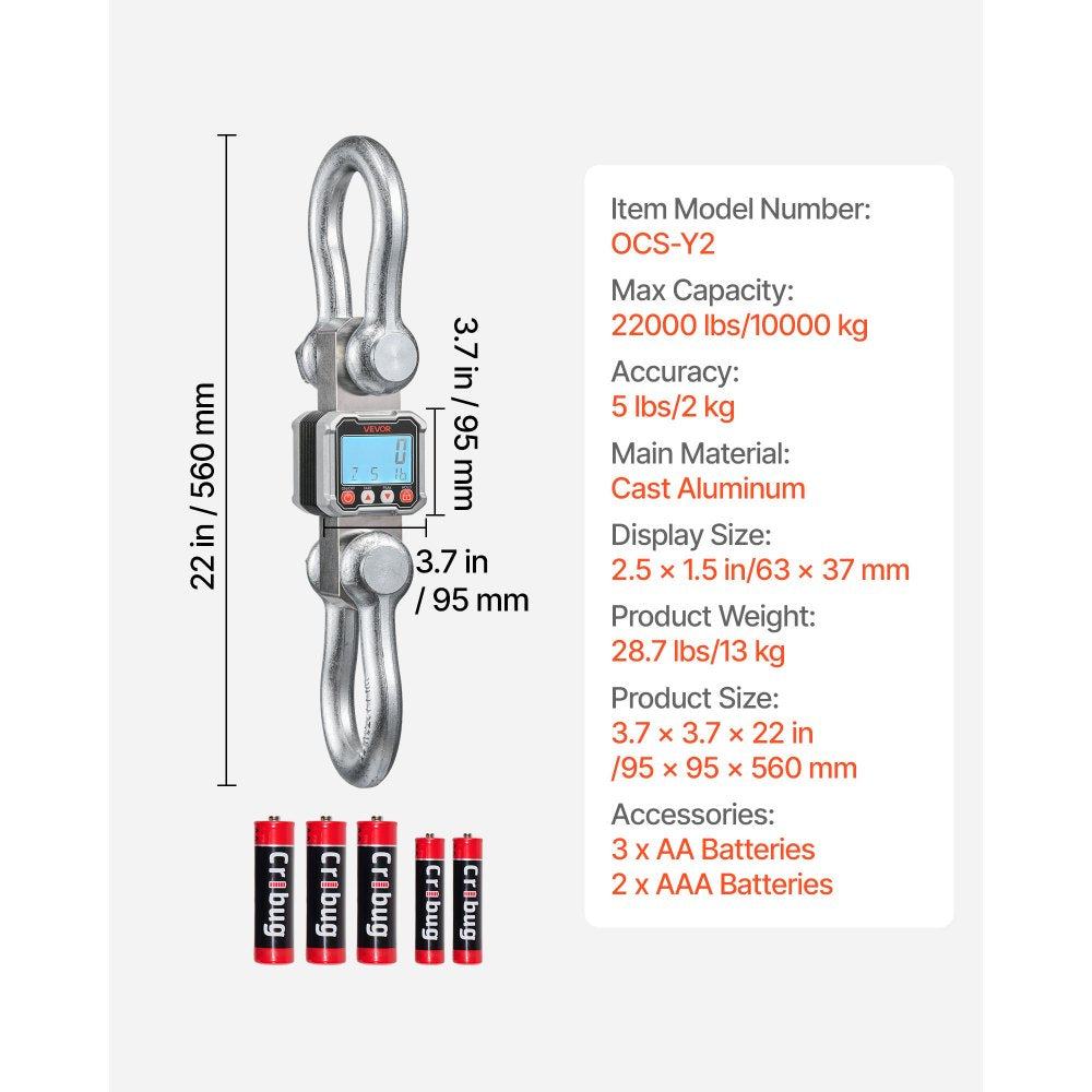 VEVOR Digital Crane Scale, 22000 lbs/10 T Max Capacity, Heavy Duty Industrial Hanging Scale with Cast Aluminum Case & LCD Display, 5 lbs Division & 3 Unit Switch, Remote Control for Garage Factory