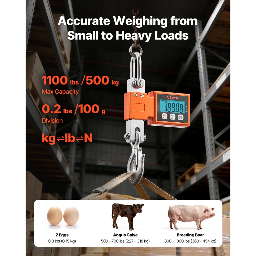 VEVOR Digital Crane Scale, 1100 lbs/500 kg Max Capacity, Heavy Duty Industrial Hanging Scale with Cast Aluminum Case & LCD Display, 0.2 lbs Division & 3 Unit Switch, Auto-Off Setting for Garage