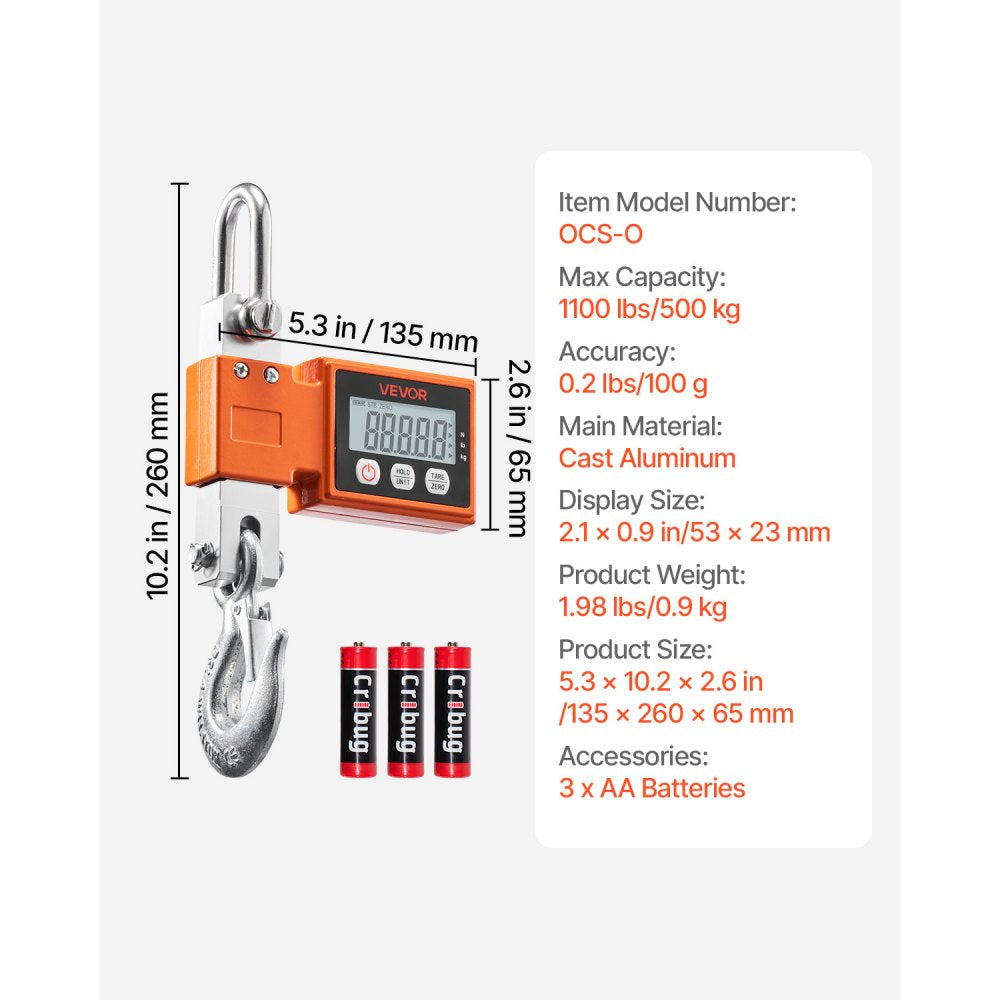 VEVOR Digital Crane Scale, 1100 lbs/500 kg Max Capacity, Heavy Duty Industrial Hanging Scale with Cast Aluminum Case & LCD Display, 0.2 lbs Division & 3 Unit Switch, Auto-Off Setting for Garage