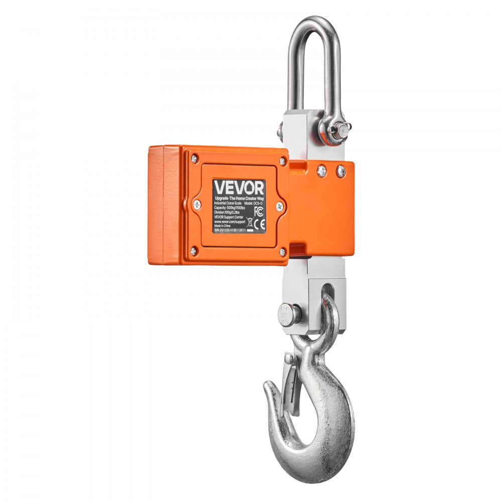 VEVOR Digital Crane Scale, 1100 lbs/500 kg Max Capacity, Heavy Duty Industrial Hanging Scale with Cast Aluminum Case & LCD Display, 0.2 lbs Division & 3 Unit Switch, Auto-Off Setting for Garage