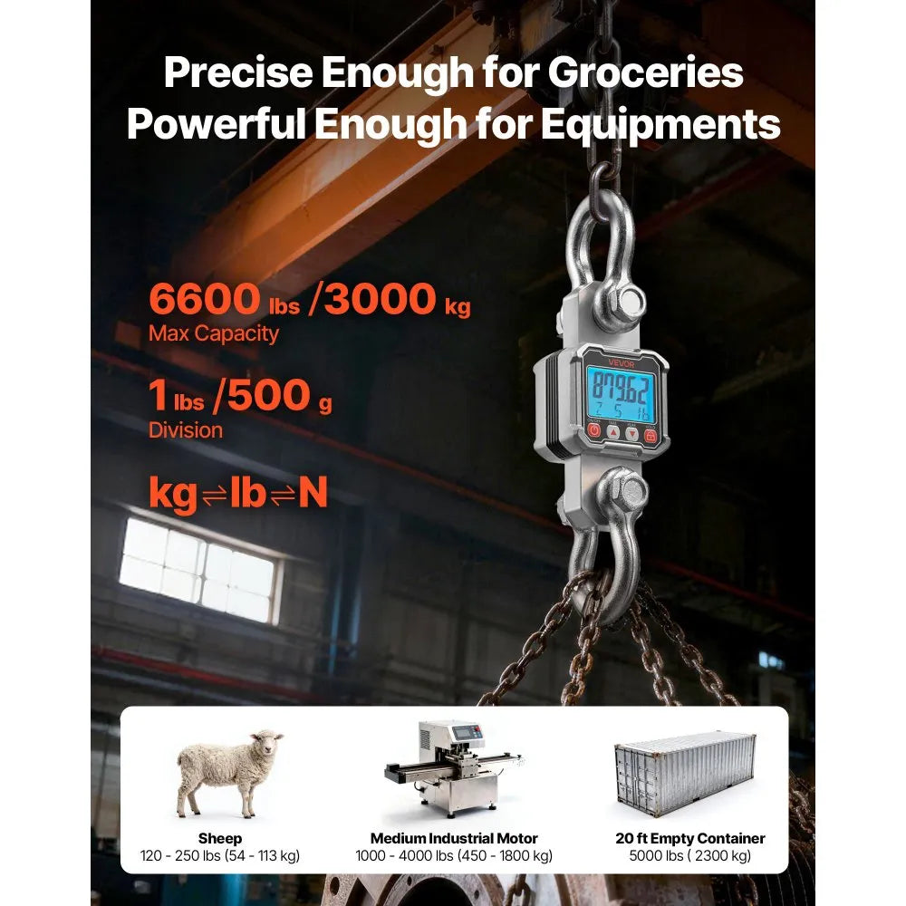 VEVOR Digital Crane Scale, 6600 lbs/3000 kg Max Capacity, Heavy Duty Industrial Hanging Scale with Cast Aluminum Case & LCD Display, 1 lbs Division & 3 Unit Switch, Remote Control for Garage Factory