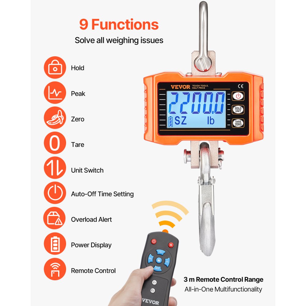 VEVOR Digital Crane Scale, 2200 lbs/1000 kg, Industrial Heavy Duty Hanging Scale with Remote Control, Cast Aluminum Case & LCD Screen, High Precision for Construction, Factory, Farm, Hunting (Orange)