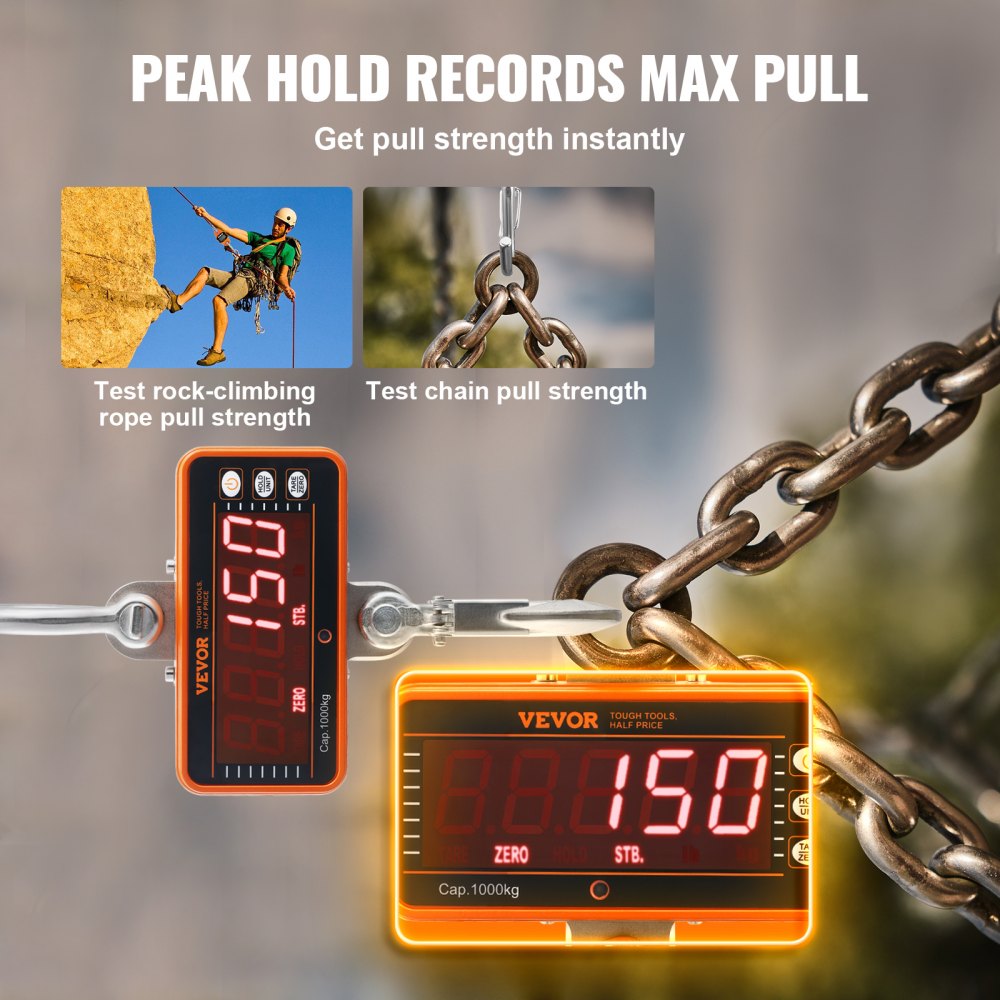VEVOR Digital Crane Scale, 2200 lbs/1000 kg, Industrial Heavy Duty Hanging Scale with Remote Control, Cast Aluminum Case & LED Screen, High Precision for Construction, Factory, Farm, Hunting (Orange)