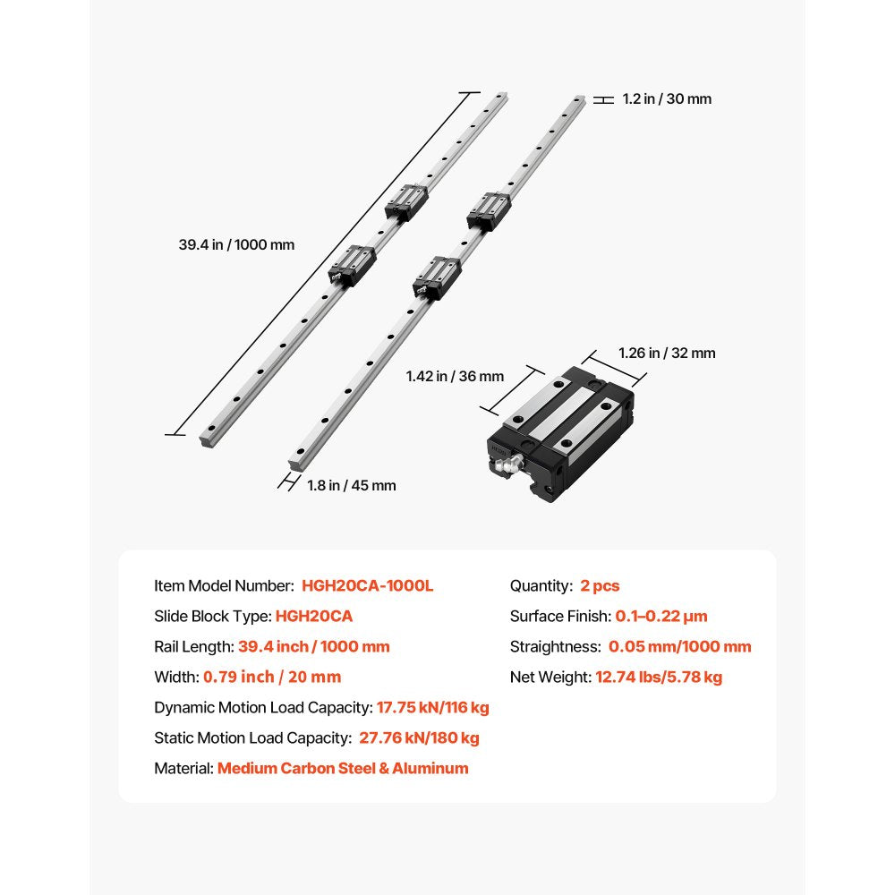 VEVOR Linear Rail Guide Kit, HGR20, 2Pcs 1000 mm (39.4 inch) Linear Motion Rails and 4Pcs Bearing Slide Blocks, Anti Rust and High Precision Kit, for DIY, CNC Routers, Lathes, Mills, 3D Printers