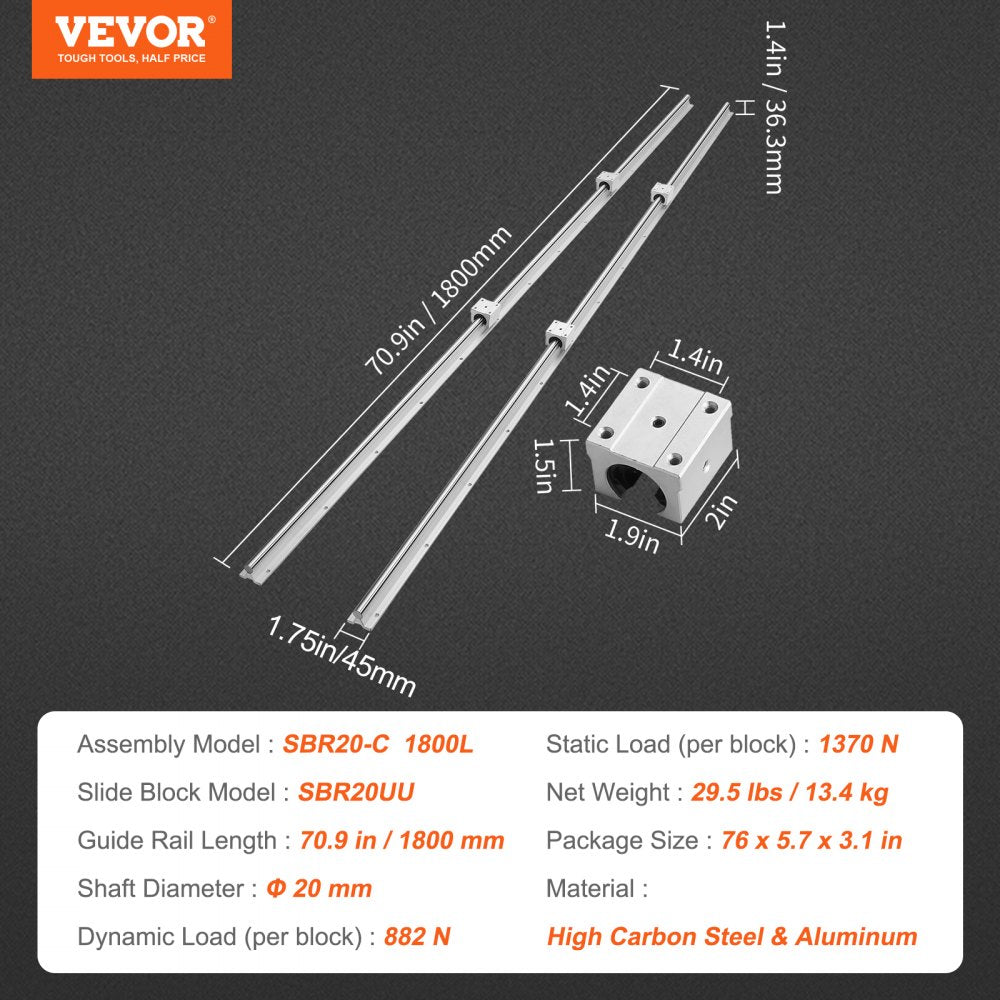 VEVOR Linear Motion Guide Kit, SBR20 1800mm, Includes 2 PCS 70.9 in/1800 mm SBR20 Rails and 4 PCS SBR20UU Bearing Blocks, Ideal for CNC Machines, Automation Equipment, and DIY Projects