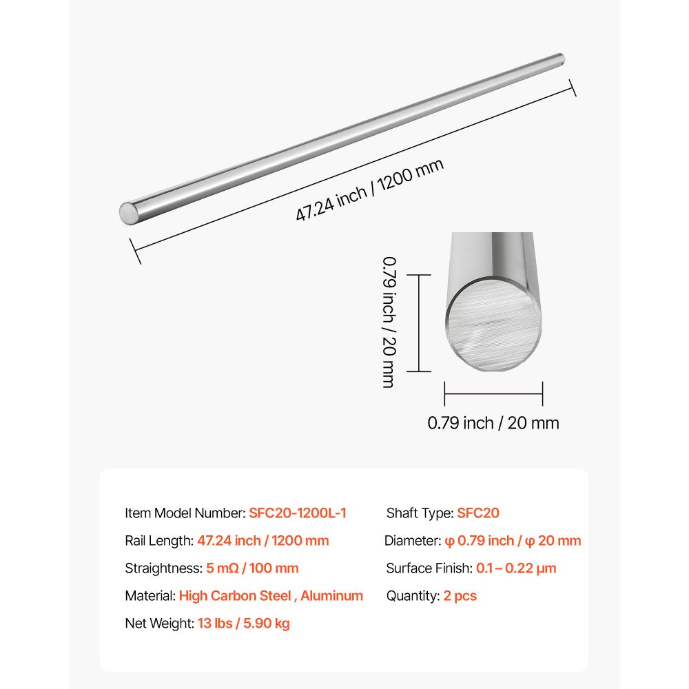 VEVOR 2PCS Linear Motion Rod, 20 mm x 1200 mm (0.79 x 47.24 in), SFC20 Carbon Steel Linear Rod Shaft, Anti Rust and High Precision, High Hardness Shaft, for Cutting Grinding Milling Drilling Machine