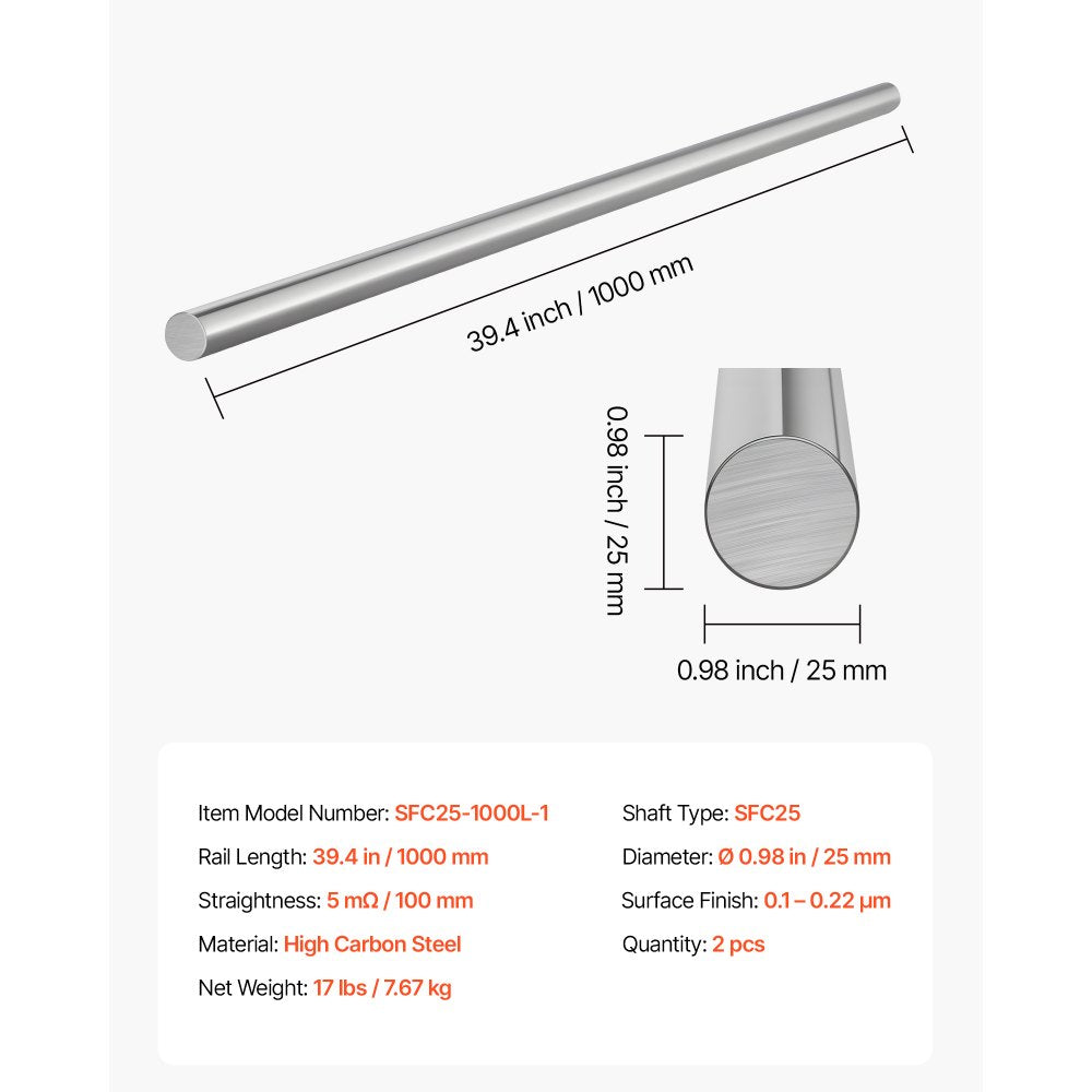 VEVOR 2PCS Linear Motion Rod, 25 mm x 1000 mm (0.98 x 39.4 in), SFC25 Carbon Steel Linear Rod Shaft, Anti Rust and High Precision, High Hardness Shaft, for Cutting Grinding Milling Drilling Machine