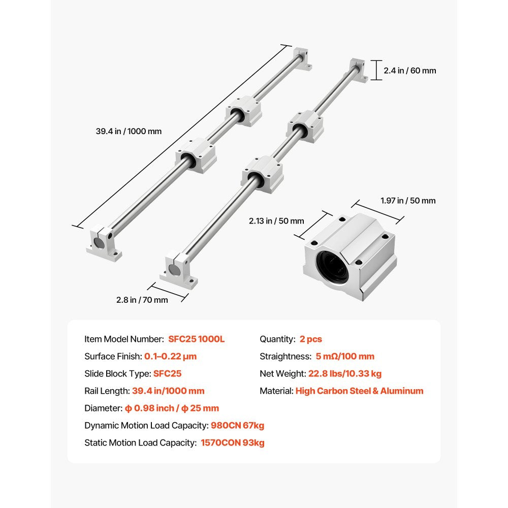 VEVOR Linear Rail Kit, SFC25, 2Pcs 1000 mm (39.4 inch) Linear Motion Guide Rails and 4Pcs Bearing Slide Blocks, for DIY Engraving Machine Lathe Milling Machine Slides, DIY Training Rocker Plate