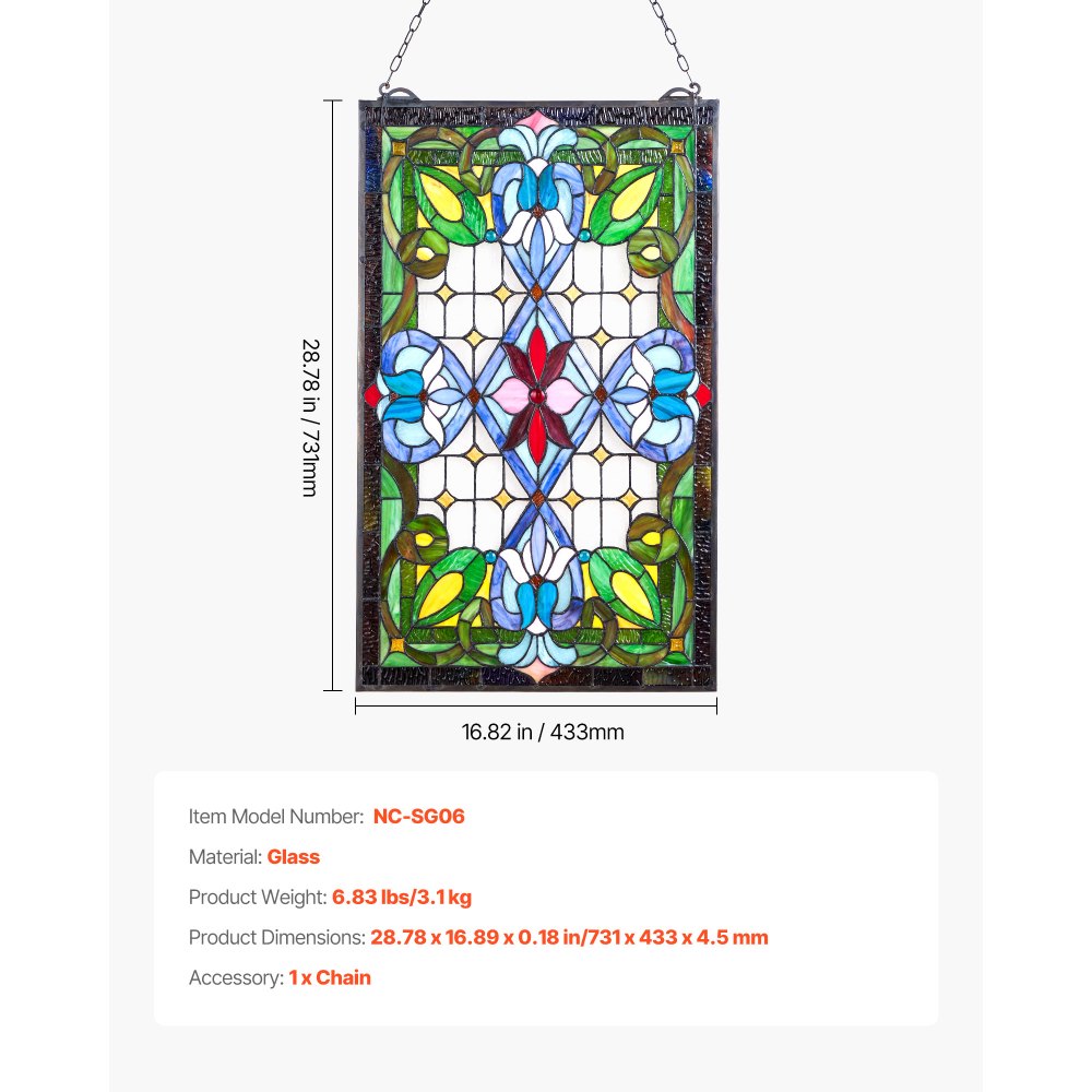 VEVOR Stained Glass Window Panel, 17 x 29 in, Tiffany Style Hanging Transom Window Panel with Chain, Large Vertical Rectangle Stain Glass, Vintage Traditional Art Handcrafts for Kitchen Home Decor