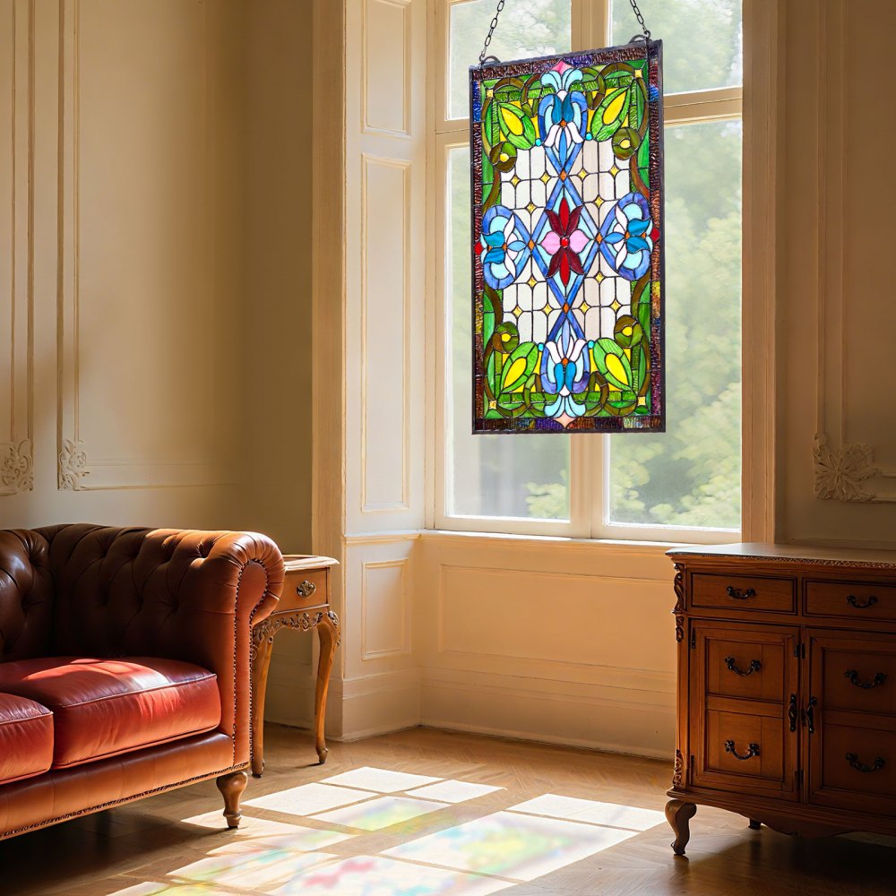 VEVOR Stained Glass Window Panel, 17 x 29 in, Tiffany Style Hanging Transom Window Panel with Chain, Large Vertical Rectangle Stain Glass, Vintage Traditional Art Handcrafts for Kitchen Home Decor
