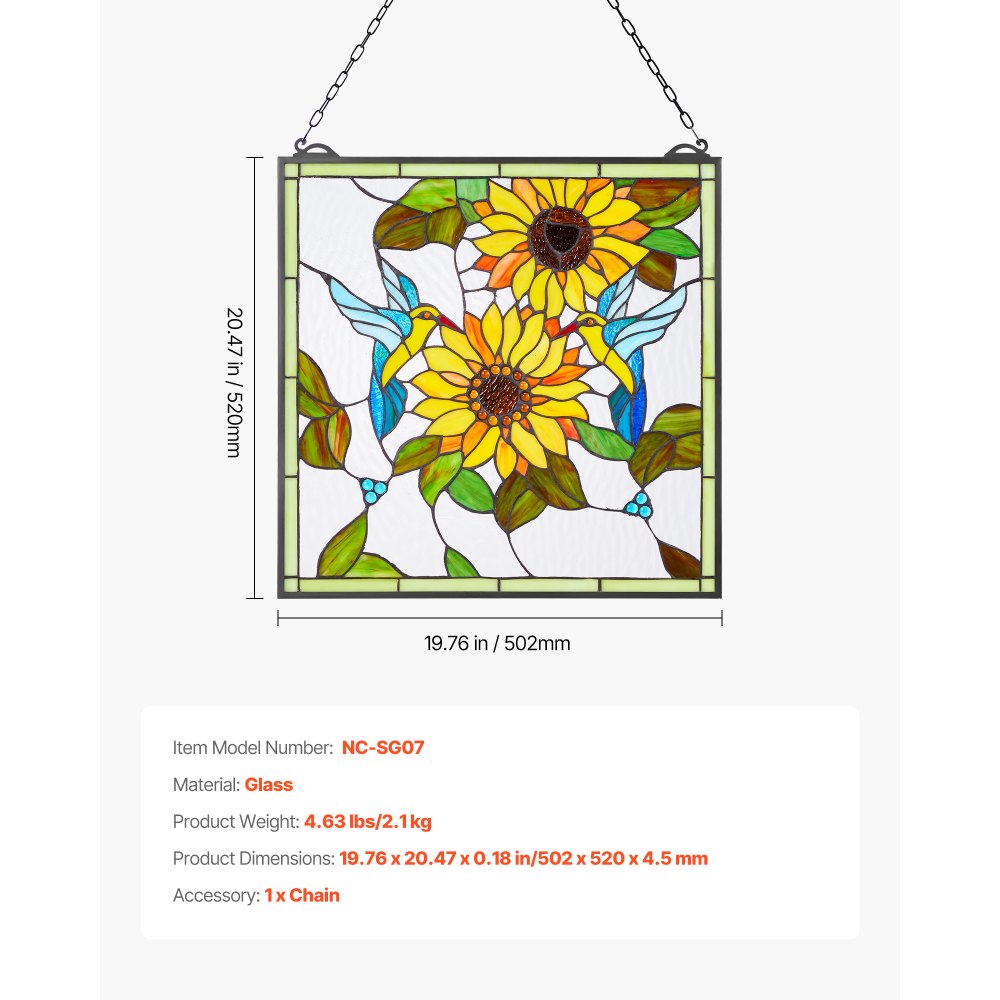 VEVOR Stained Glass Window Panel, 20 x 20 in, Tiffany Style Hanging Transom Window Panel with Chain, Large Vertical Rectangle Stain Glass, Vintage Traditional Art Handcrafts for Kitchen Home Decor